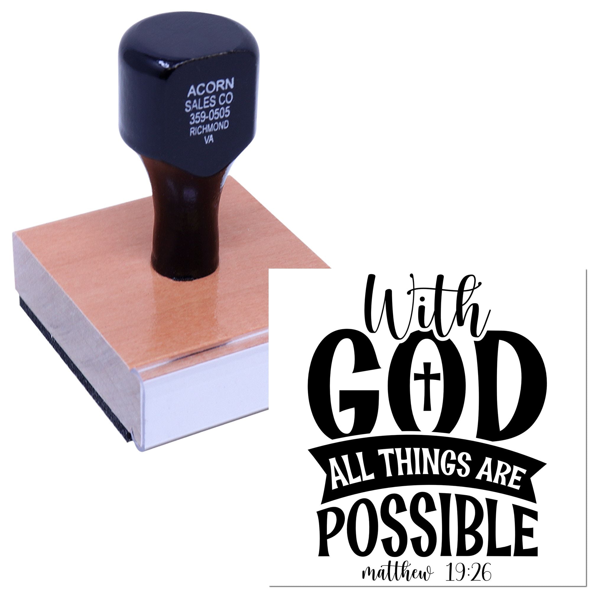 Custom Christian rubber stamp with With God All Things Are Possible Bible verse design for faith-based crafts and cards.