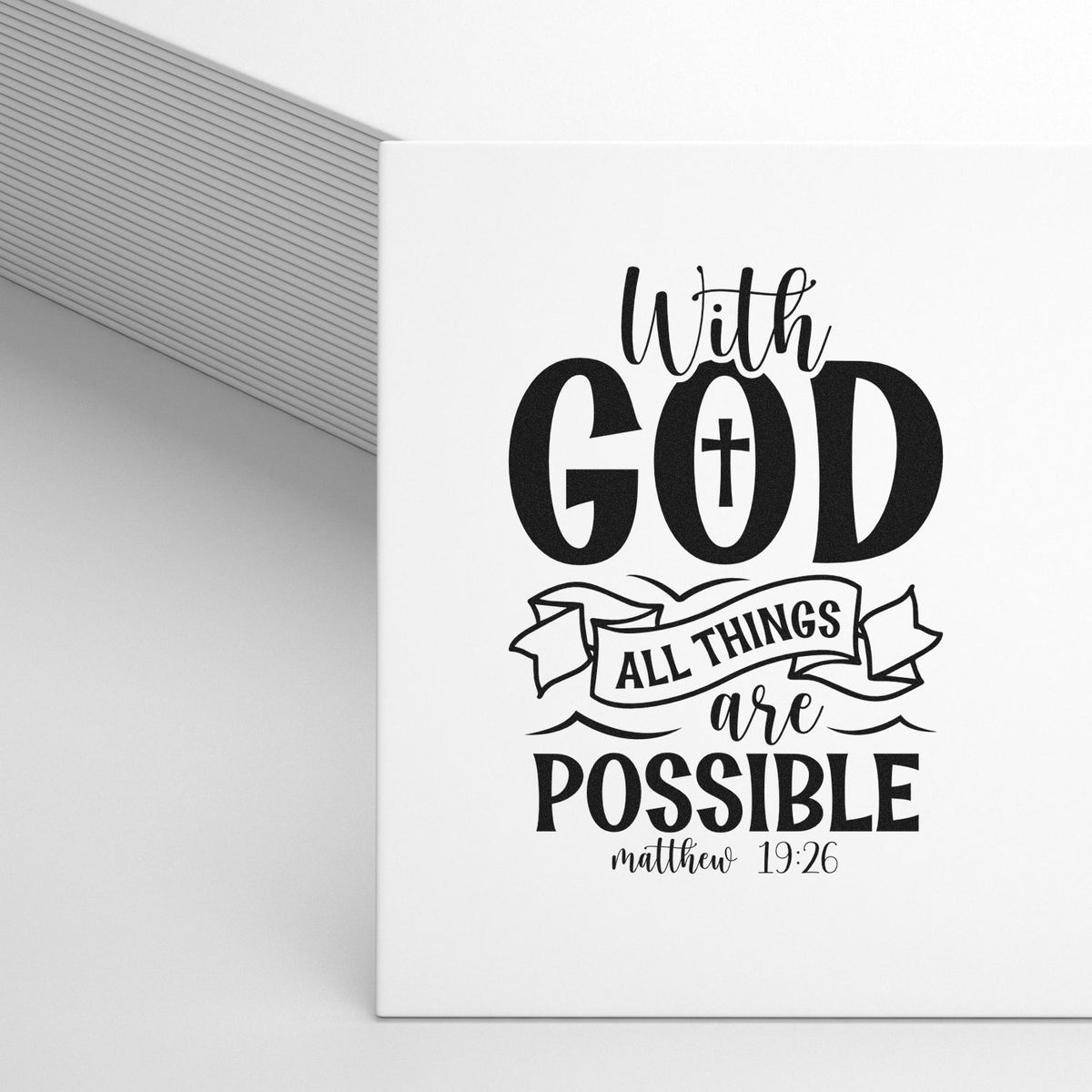 Christian rubber stamp design with Matthew 19:26, With God all things are possible, for faith-based crafting and cards.