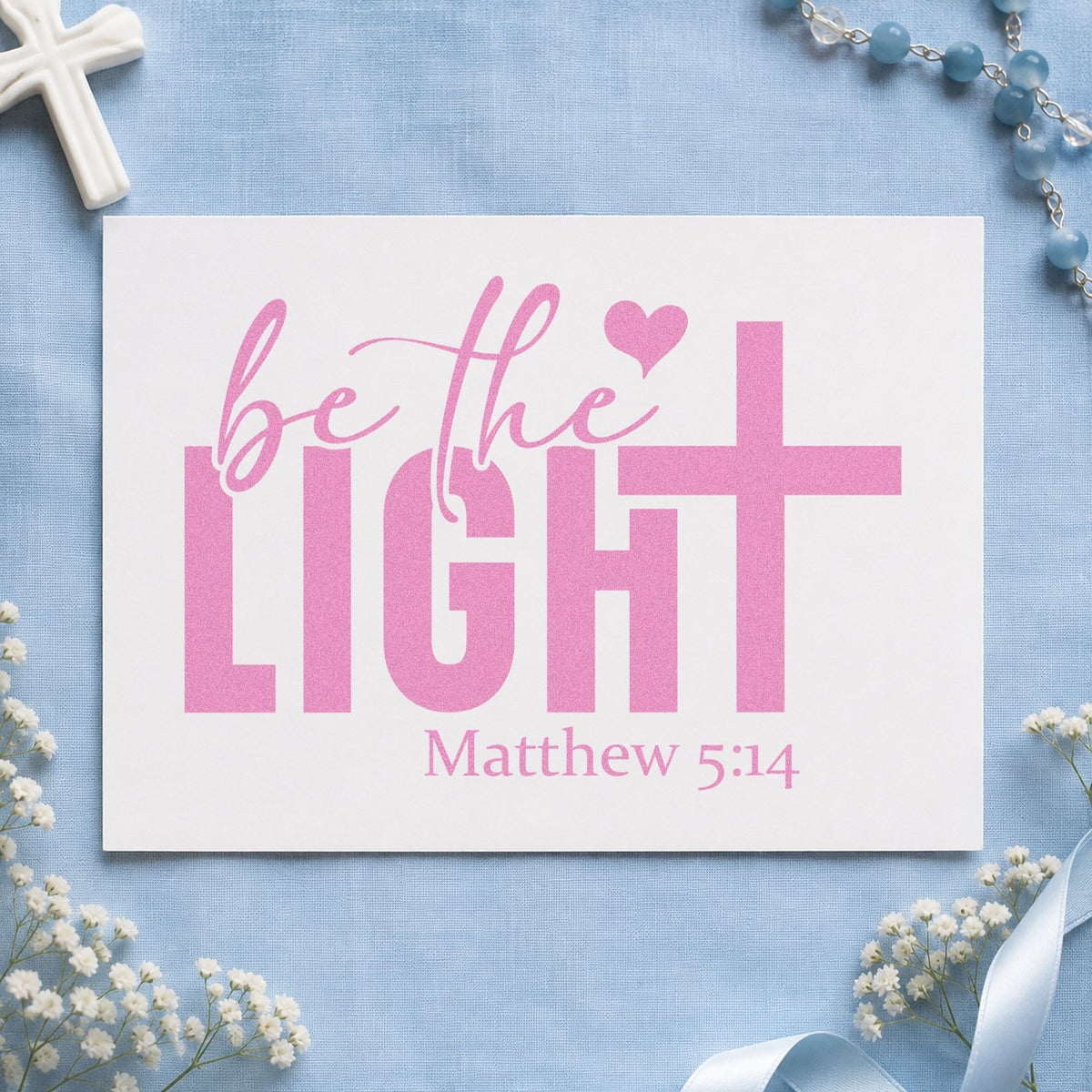 Be the Light craft stamp in purple ink on cardstock, an easy option for candle favor tags.