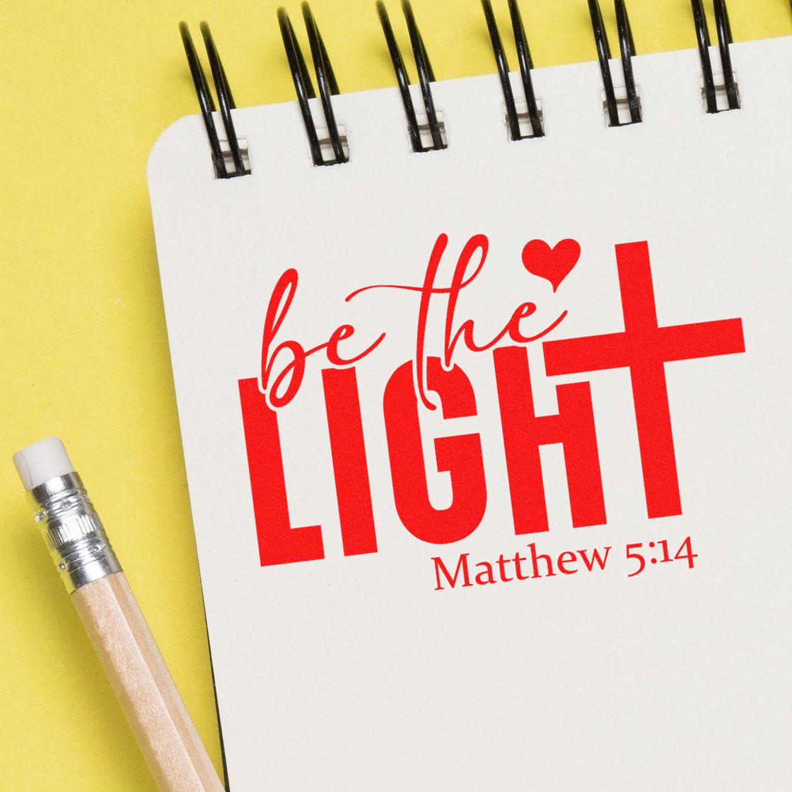 Christian rubber stamp design featuring Be the Light Matthew 5:14 Bible verse for faith-based crafts and journaling.