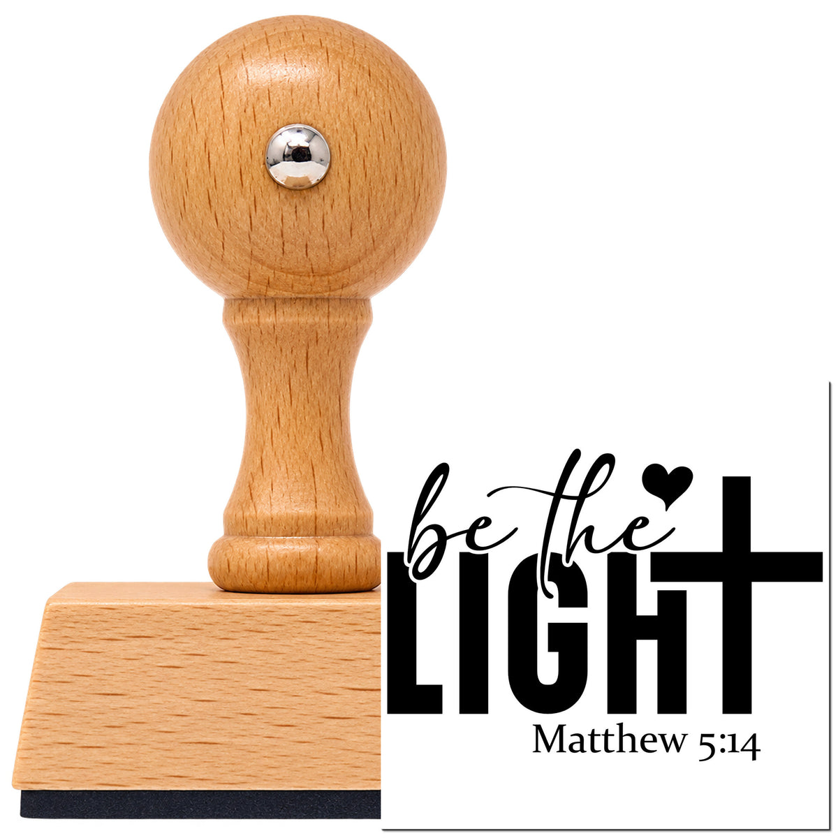 Be The Light With Cross Vintage Pro rubber stamp in European beech wood with a round knob handle, shown beside its black imprint.