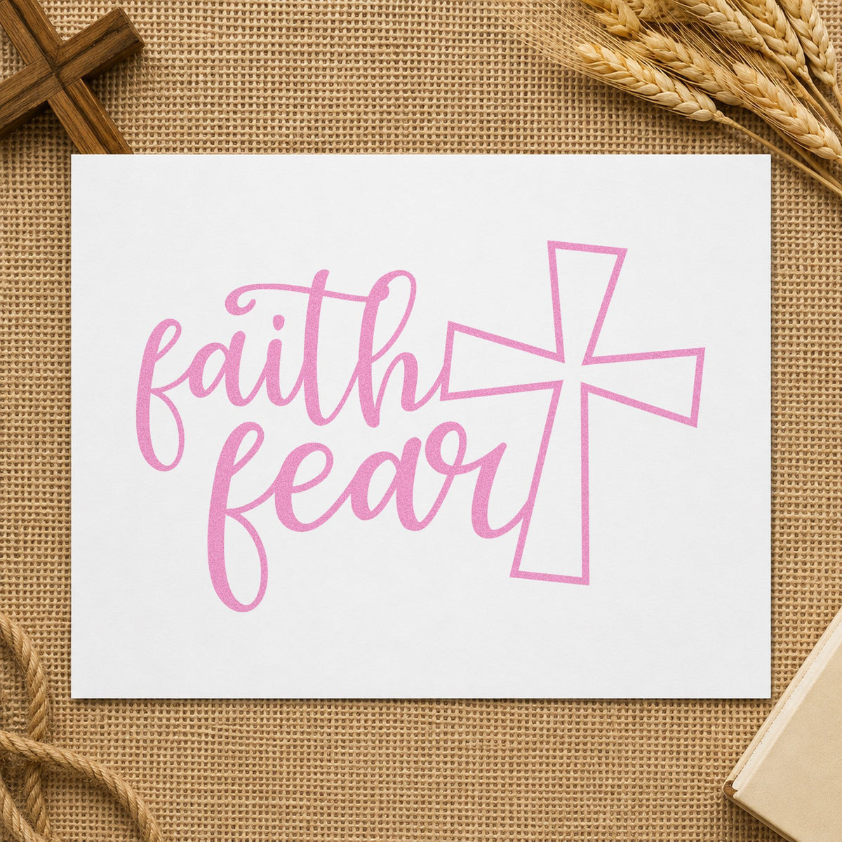 Faith over Fear Cross craft stamp in purple ink on cardstock, an easy option for retreat session handouts.