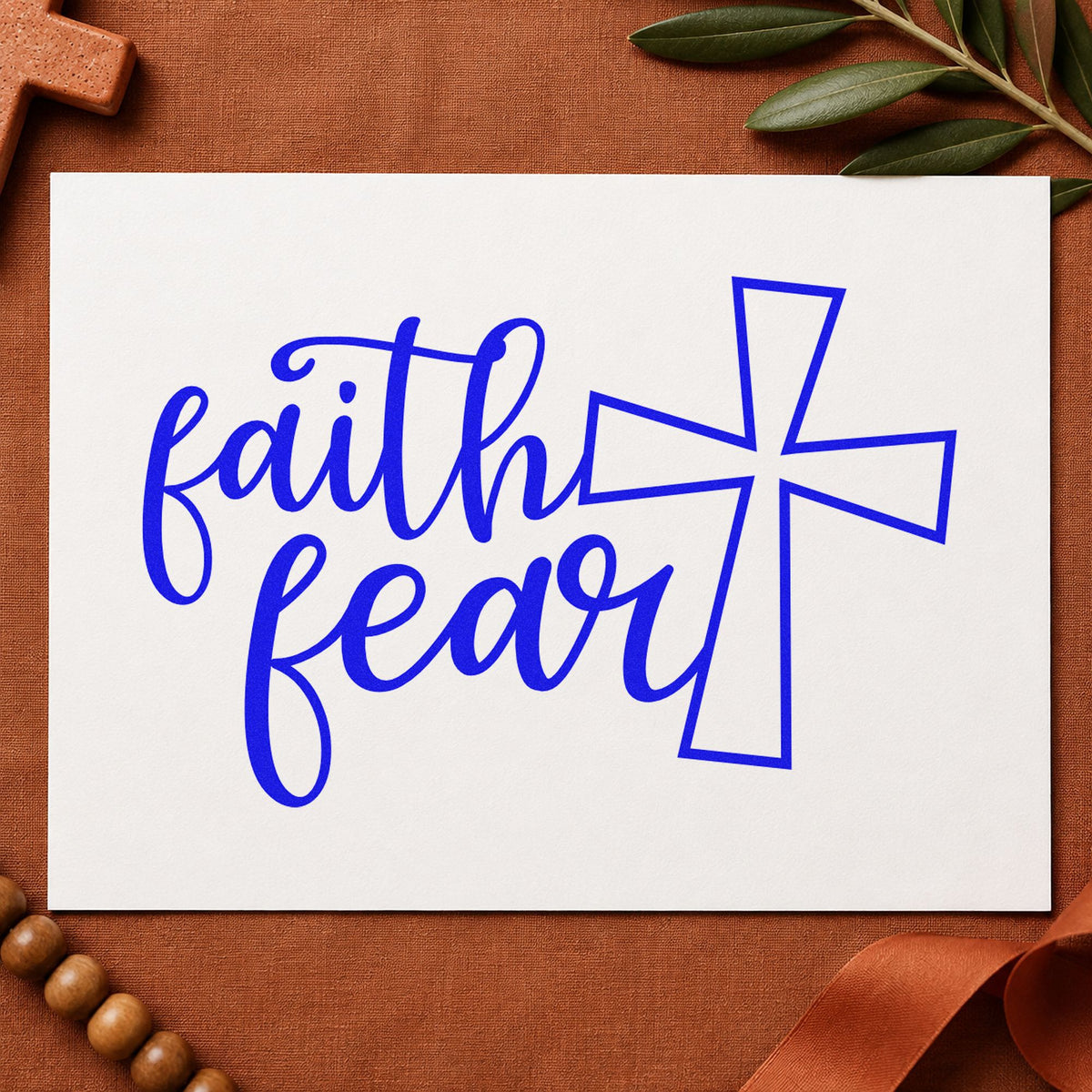 Faith over Fear Cross craft stamp in blue ink on cardstock, an easy option for tee transfers.