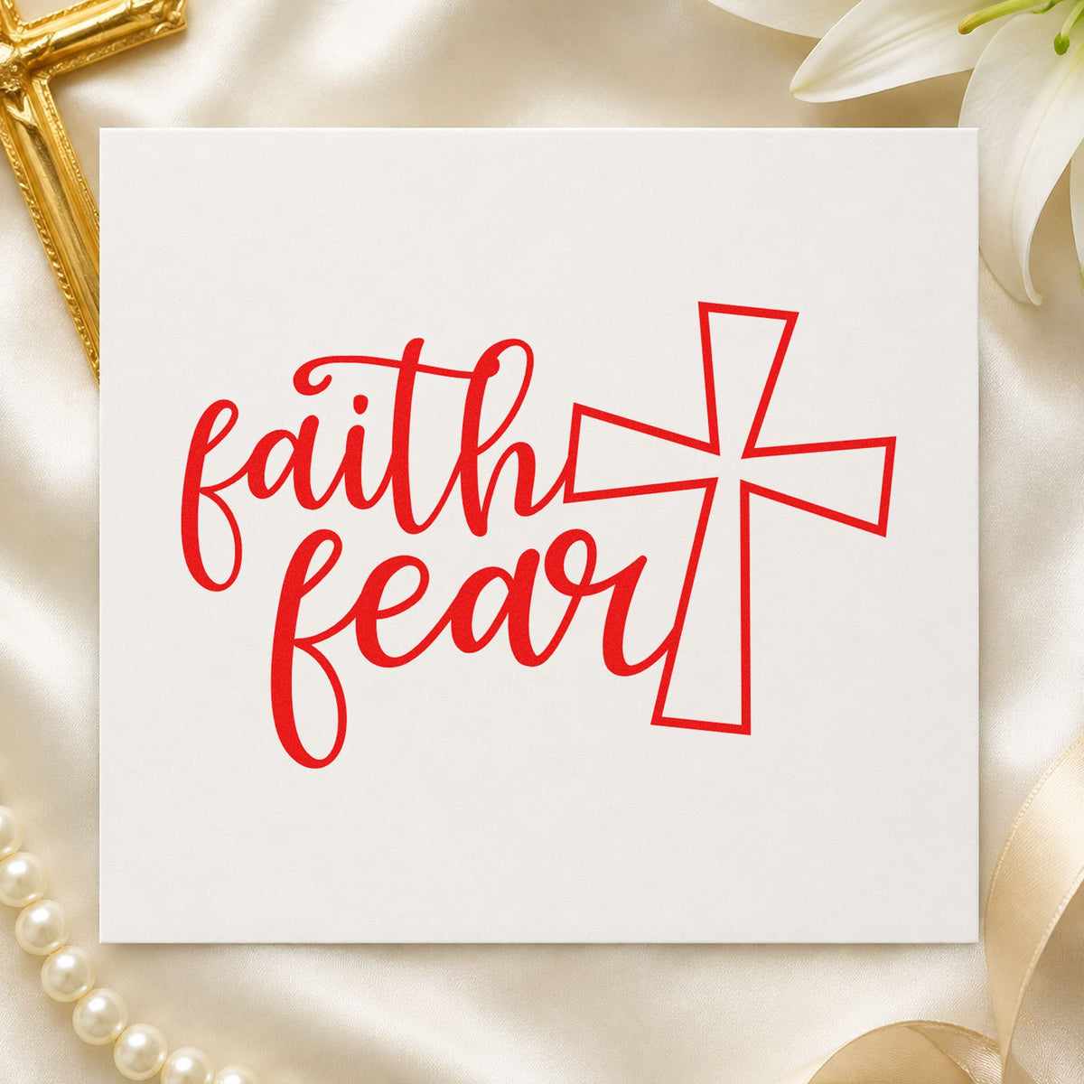 Faith over Fear Cross rubber stamp shown in red ink, stamped for projects such as planner month covers.