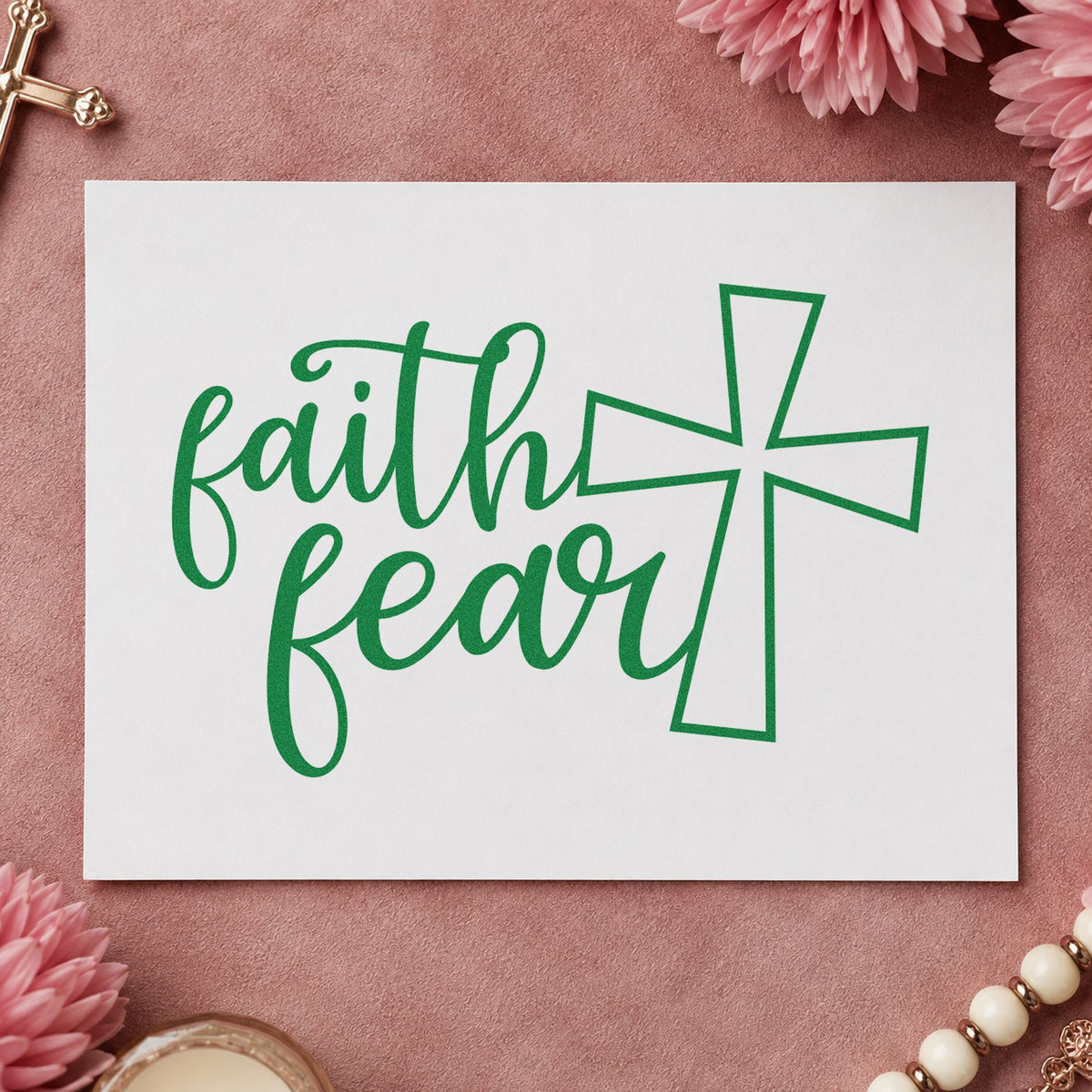 Faith over Fear Cross craft stamp imprint in green ink on a handmade project, one idea being mission luggage tags.