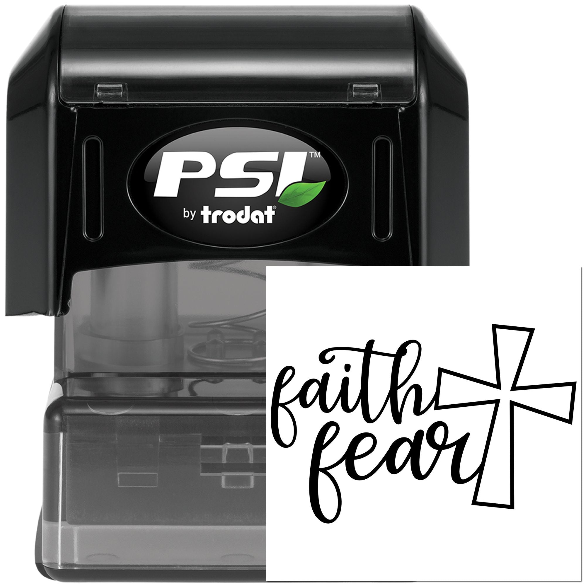 PSI by Trodat self-inking rubber stamp with Faith Over Fear cross design for inspirational custom stamping.