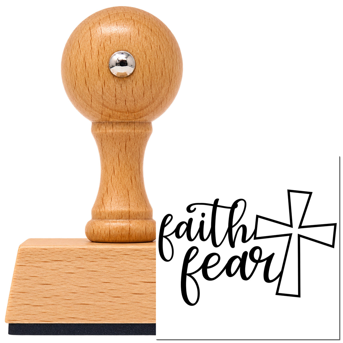 Faith Over Fear Cross Outline Detail Vintage Pro rubber stamp in European beech wood with a round knob handle, shown beside its black imprint.