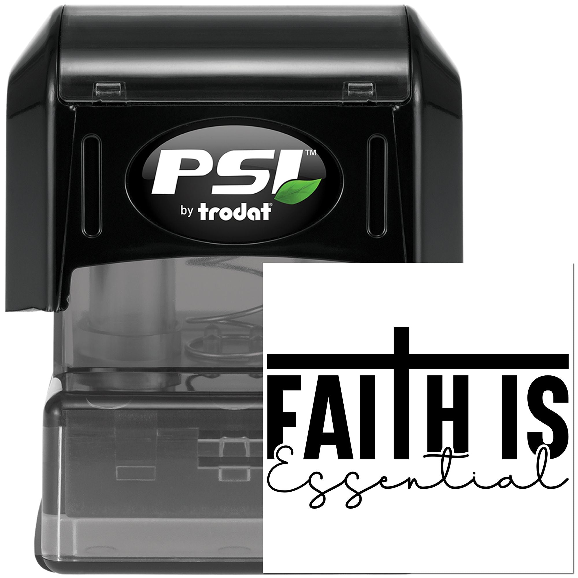 Faith Is Essential self-inking rubber stamp by PSI by Trodat for inspirational faith-based crafts and stationery.