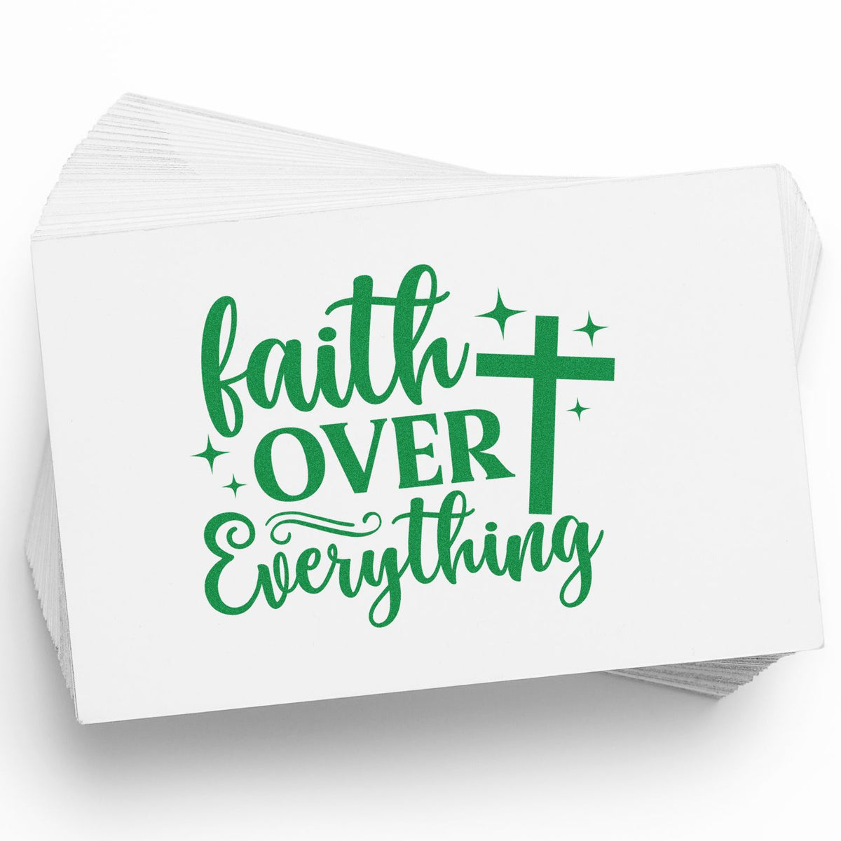 Christian Faith Over Everything rubber stamp design with cross and stars in green lettering