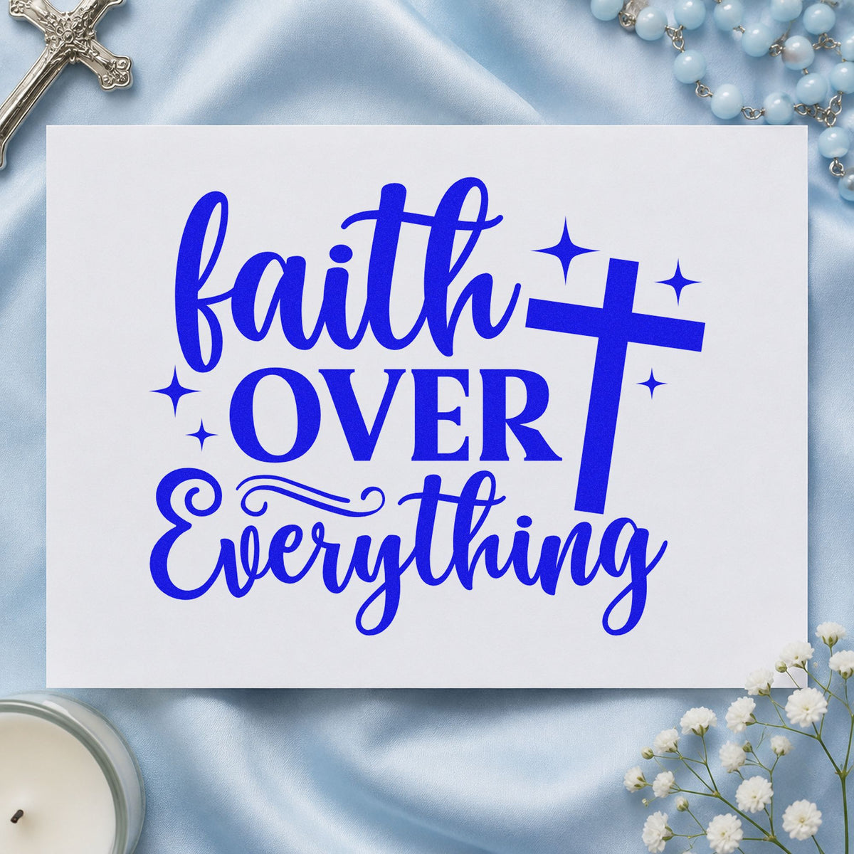 Faith over Everything craft stamp in blue ink on cardstock, an easy option for sports bottle labels.