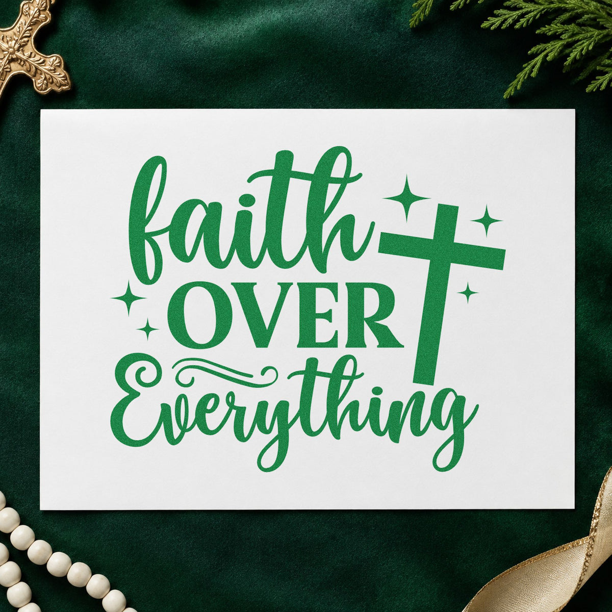 Faith over Everything craft stamp imprint in green ink on a handmade project, one idea being holiday gift tags.