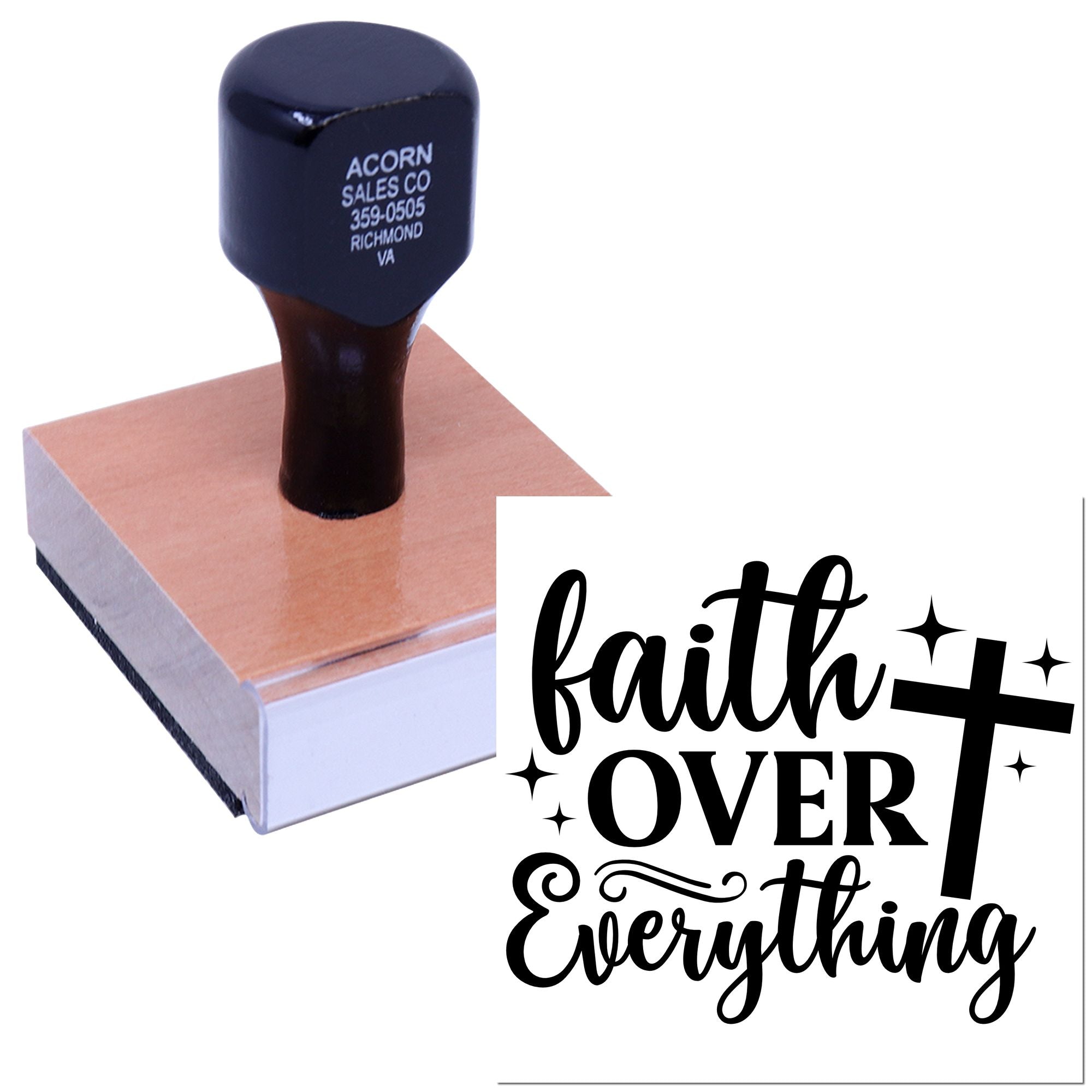 Faith Over Everything rubber stamp with cross design, ideal for Christian crafts, packaging, and faith-based stationery.