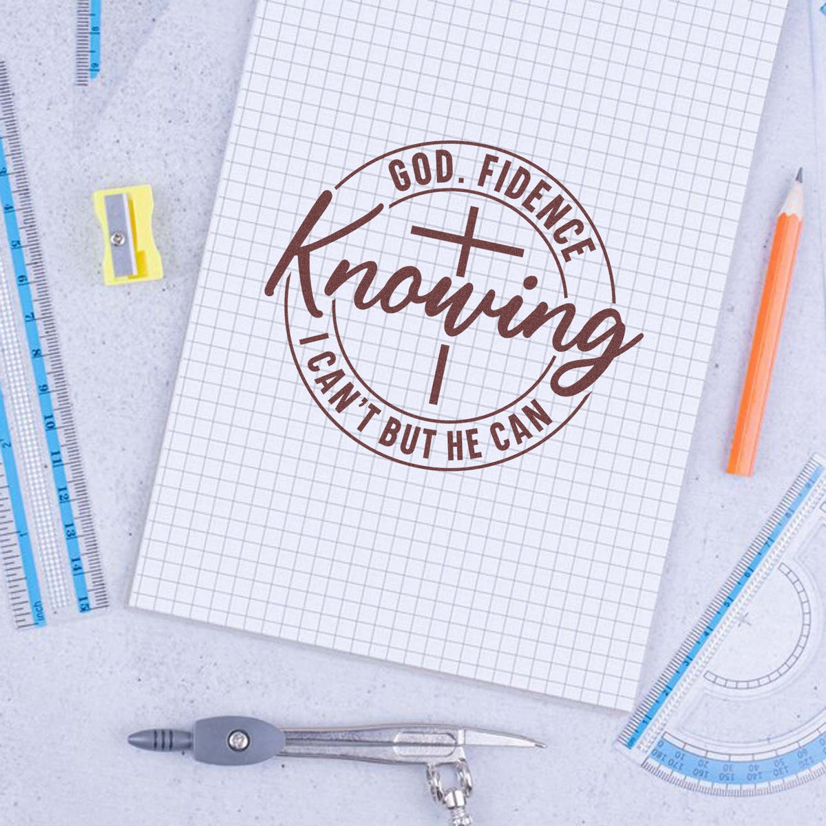 Christian rubber stamp design with cross and inspirational lettering on notebook paper for faith-based stationery.