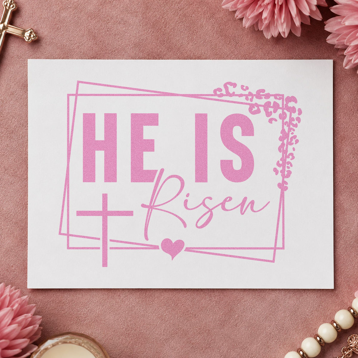 He Is Risen Floral Frame craft stamp in purple ink on cardstock, an easy option for easter brunch menus.