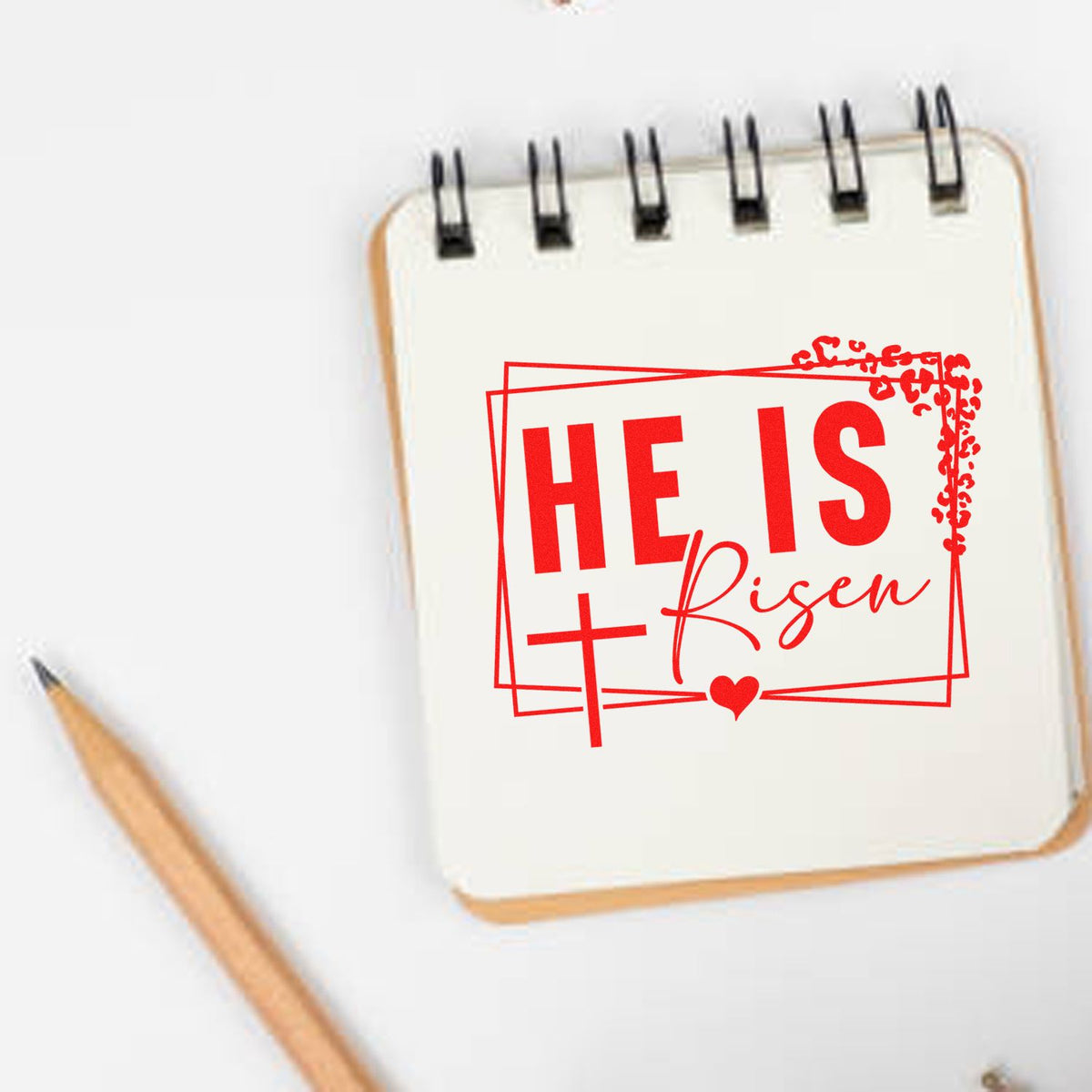 He Is Risen Easter rubber stamp design with cross and heart for Christian cards, scrapbook pages, and faith crafts.