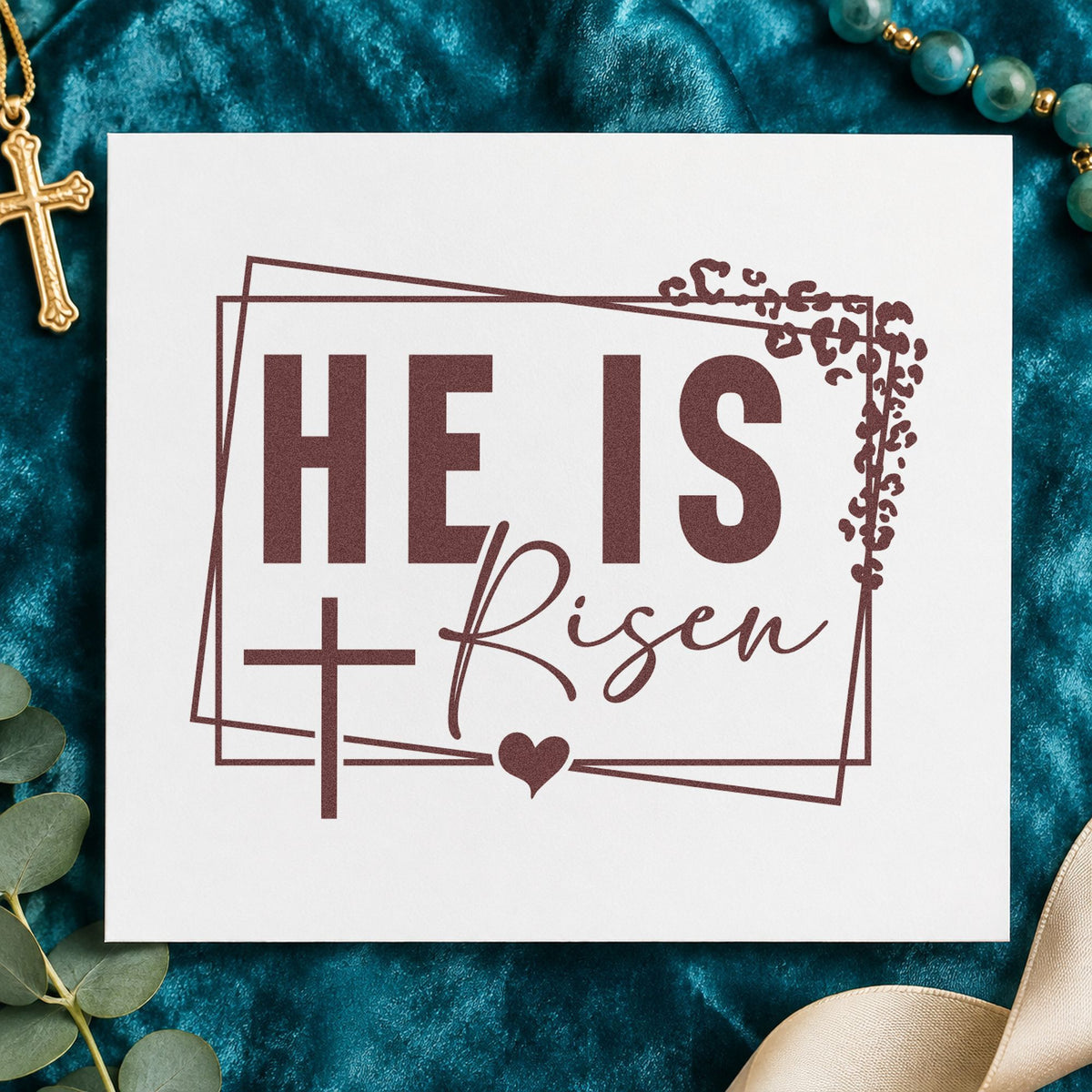 He Is Risen Floral Frame rubber stamp printed in brown ink, ready for square box labels and similar paper crafts.