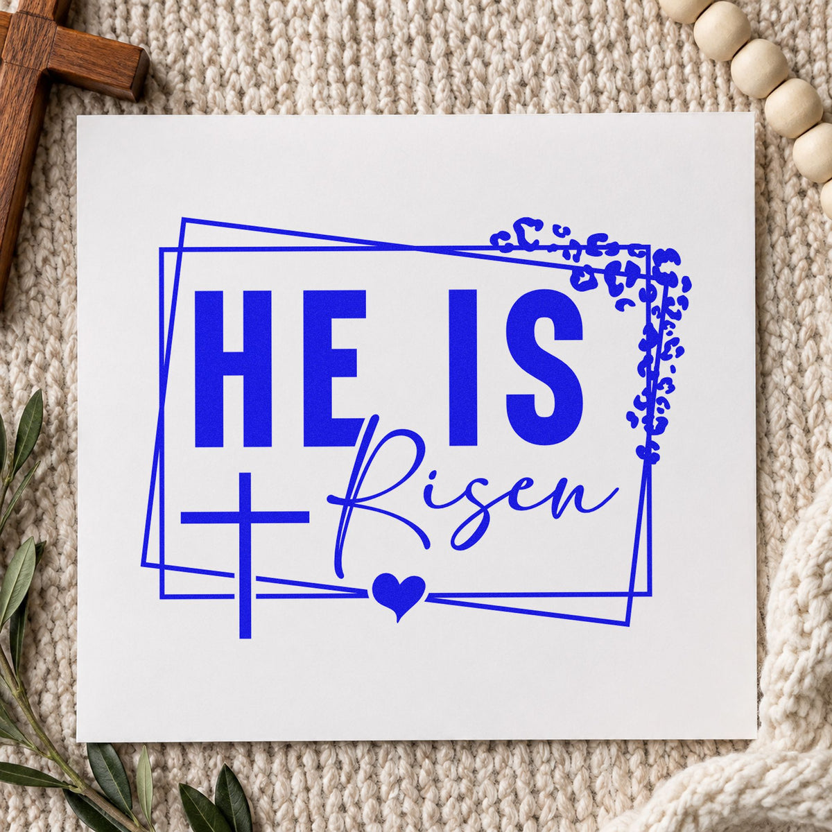He Is Risen Floral Frame craft stamp imprinted in blue ink on paper, a design suited to spring totes.