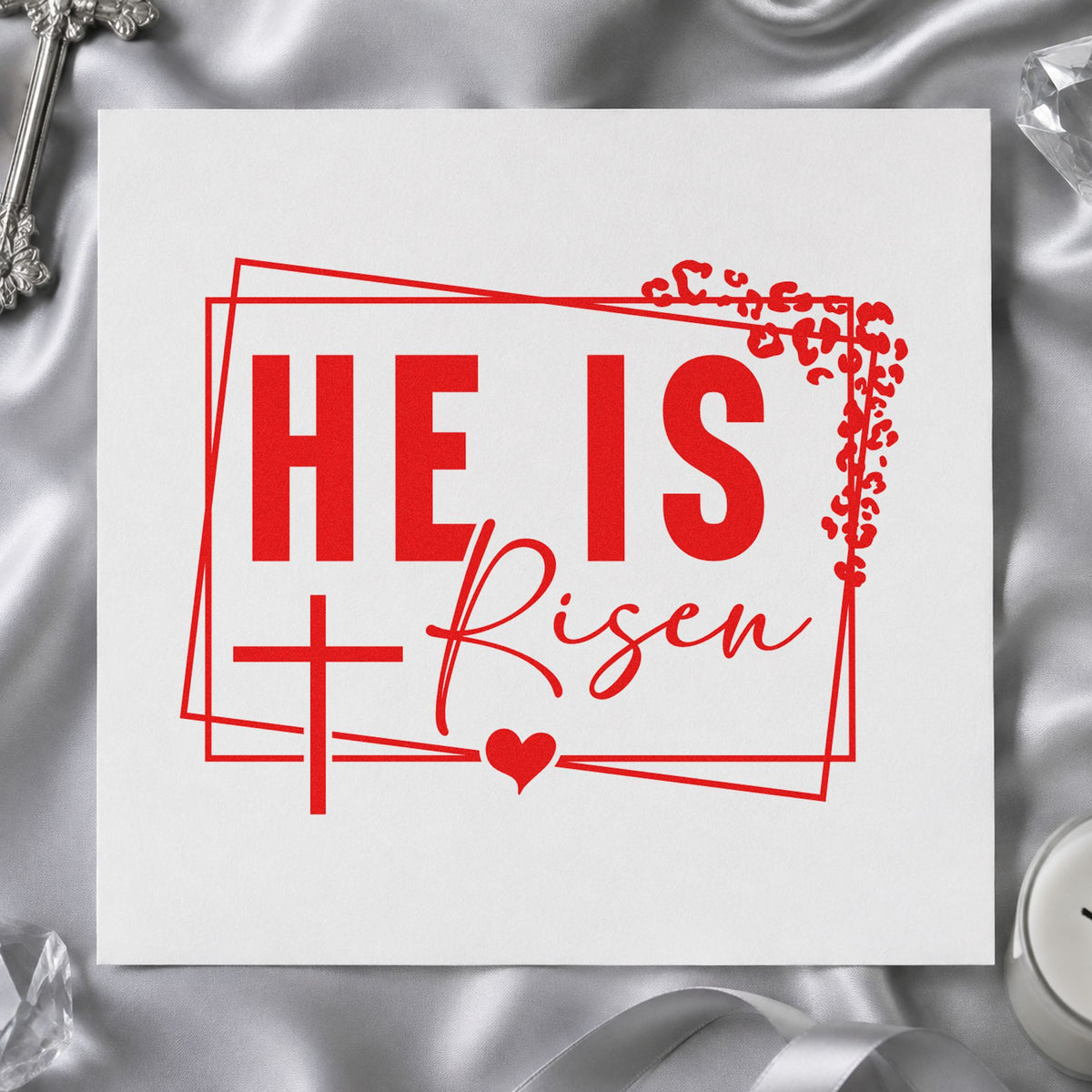 He Is Risen Floral Frame rubber stamp shown in red ink, stamped for projects such as lenten journals.