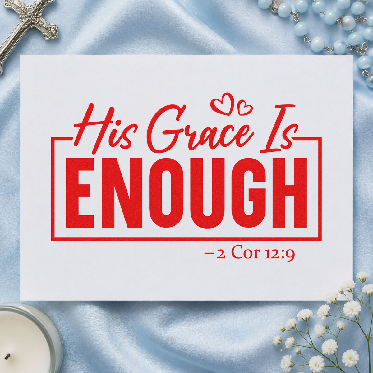 His Grace Is Enough rubber stamp shown in red ink, stamped for projects such as caregiver thank-yous.