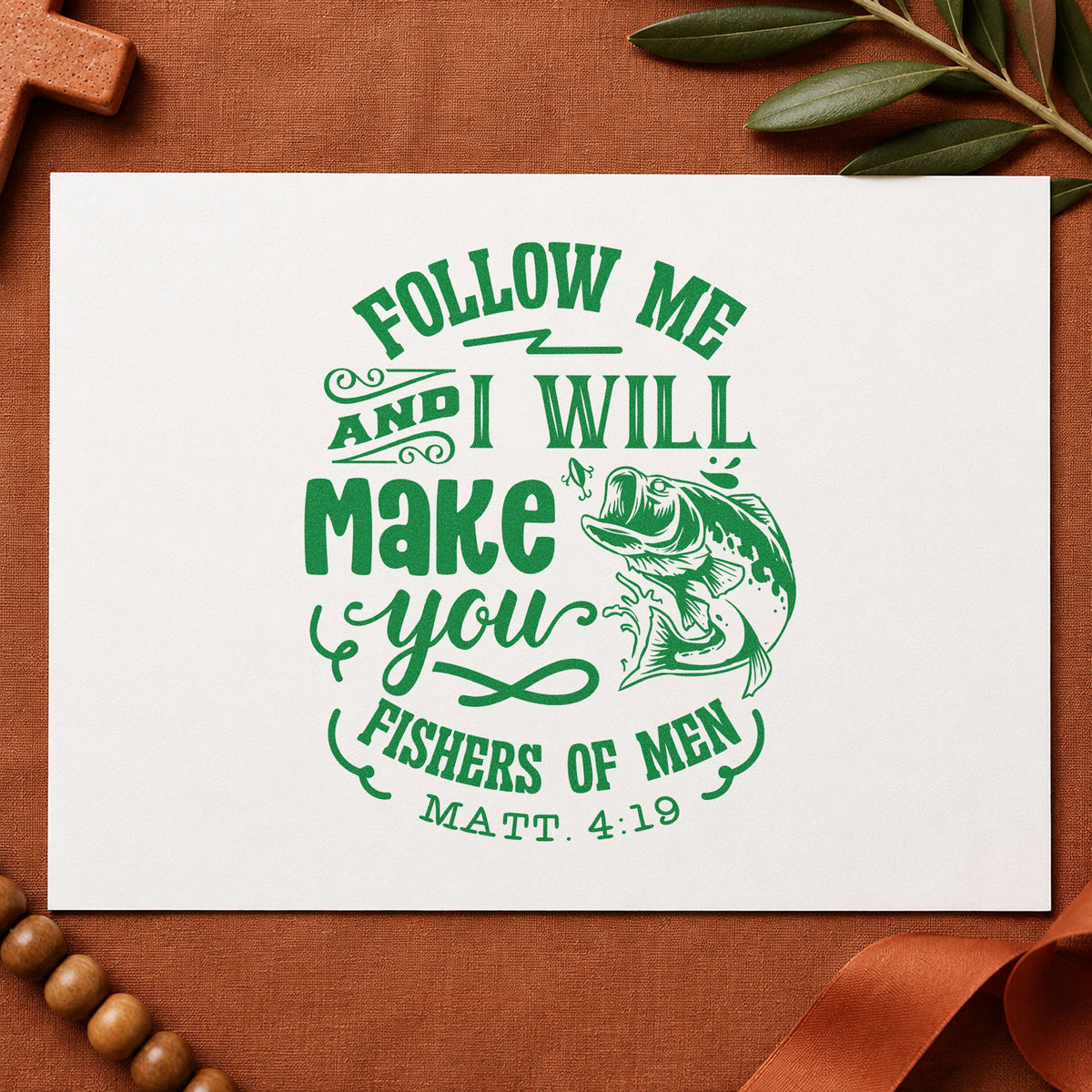 Follow Me Fishers of Men craft stamp imprint in green ink on a handmade project, one idea being canvas tackle bags.