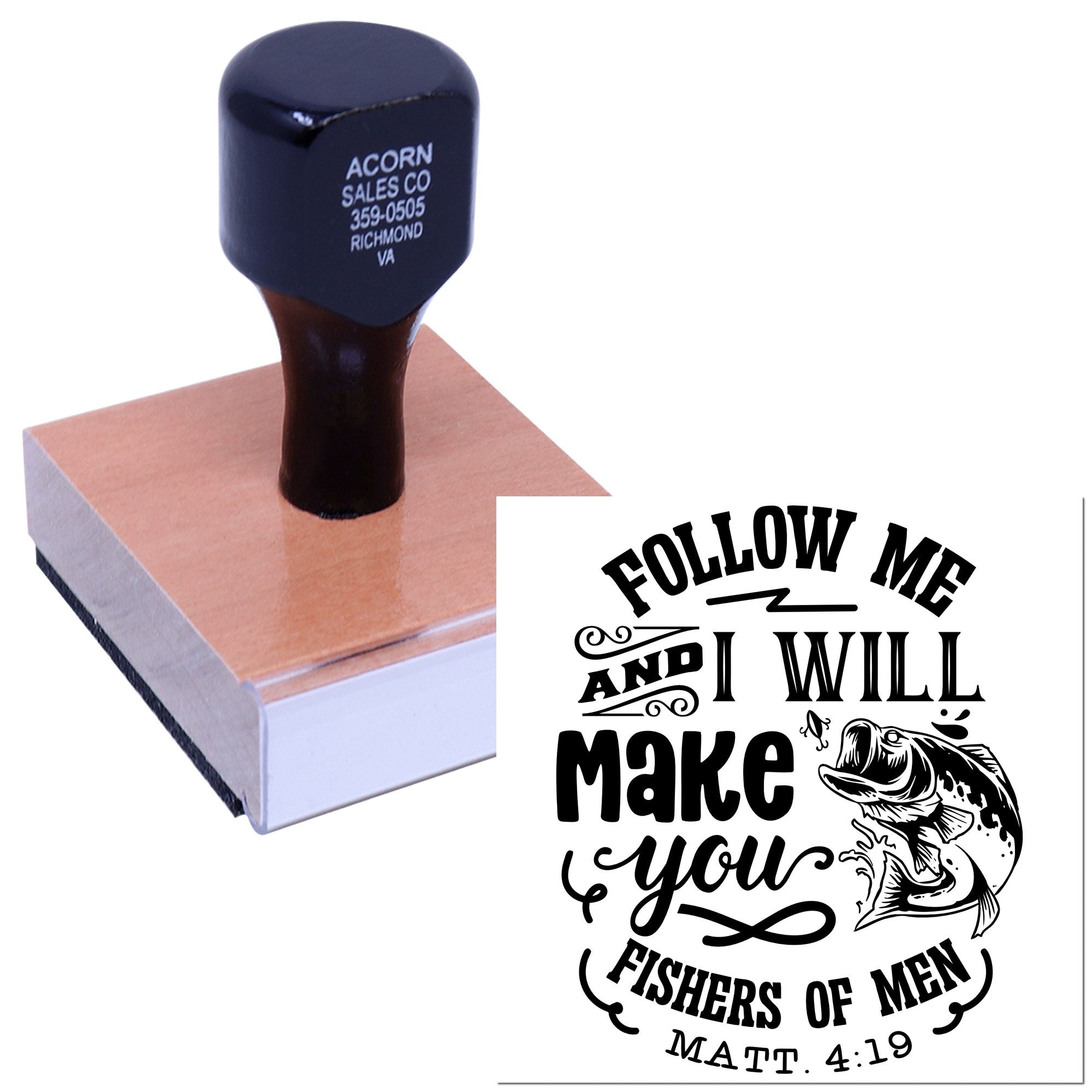 Custom Christian rubber stamp with Matthew 4:19 Follow Me and I Will Make You Fishers of Men fish design.