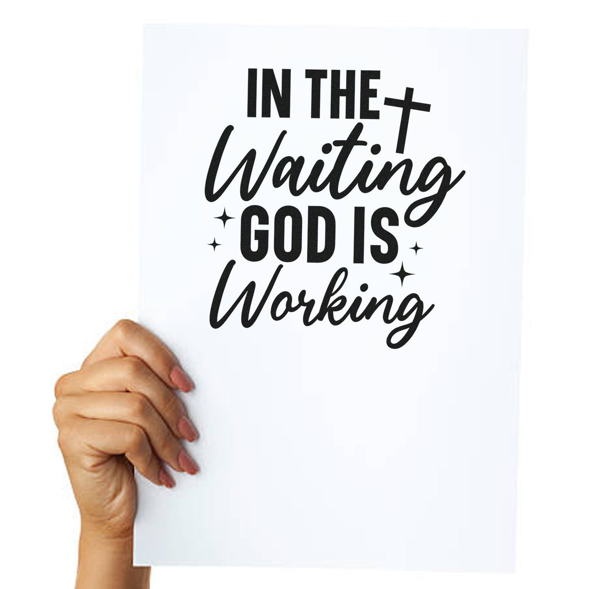 Faith rubber stamp design reading In the Waiting God Is Working, shown on a hand-held print for Christian crafts and encouragement.
