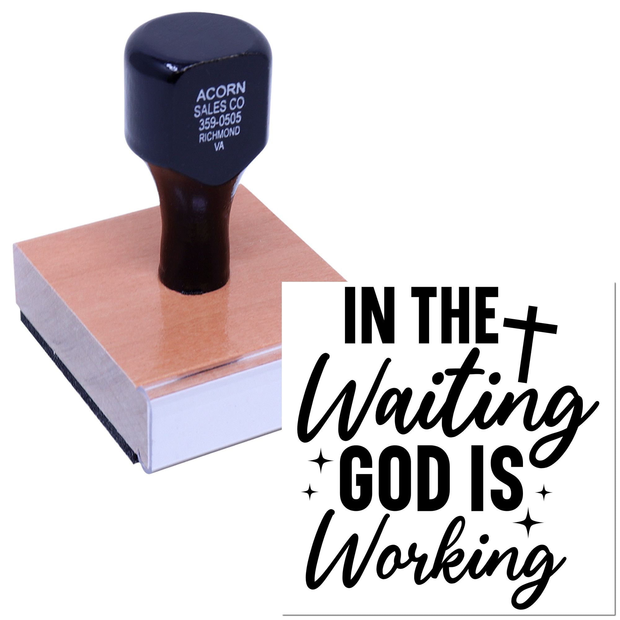 Christian rubber stamp with In the Waiting God Is Working design on a wooden block for faith-based crafts and envelopes.