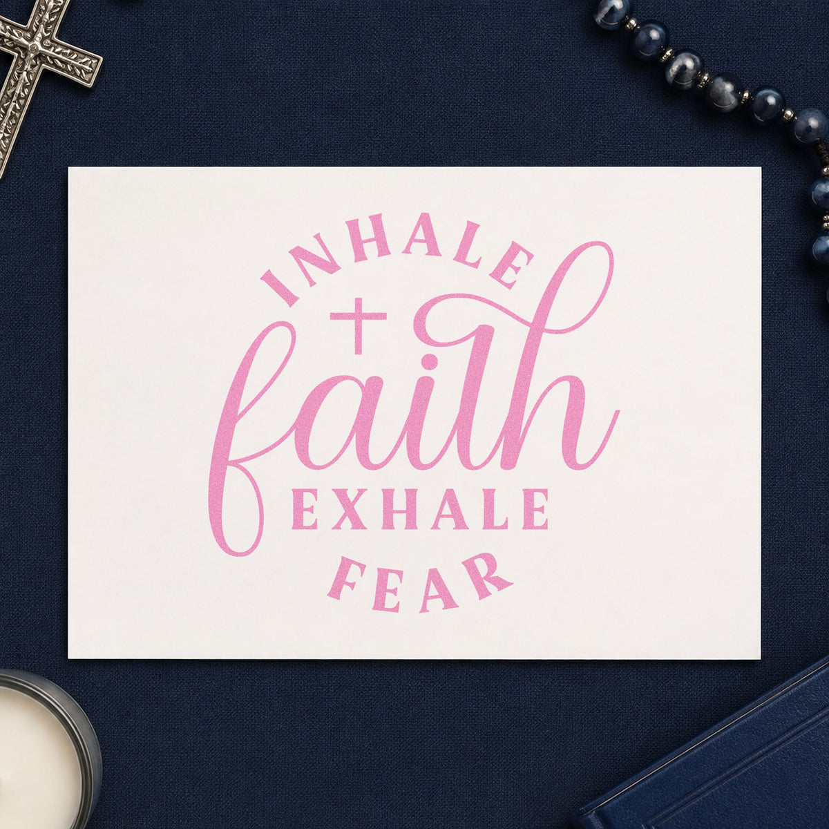 Inhale Faith Exhale Fear craft stamp in purple ink on cardstock, an easy option for yoga mat tags.