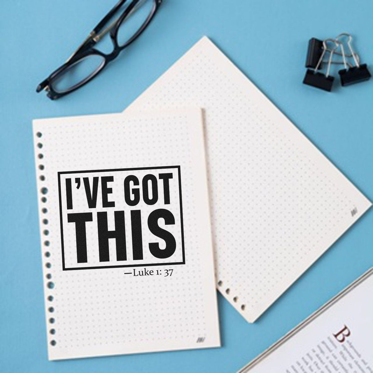 Inspirational Bible verse rubber stamp with Ive Got This Luke 1:37 on notebook paper for Christian journaling.