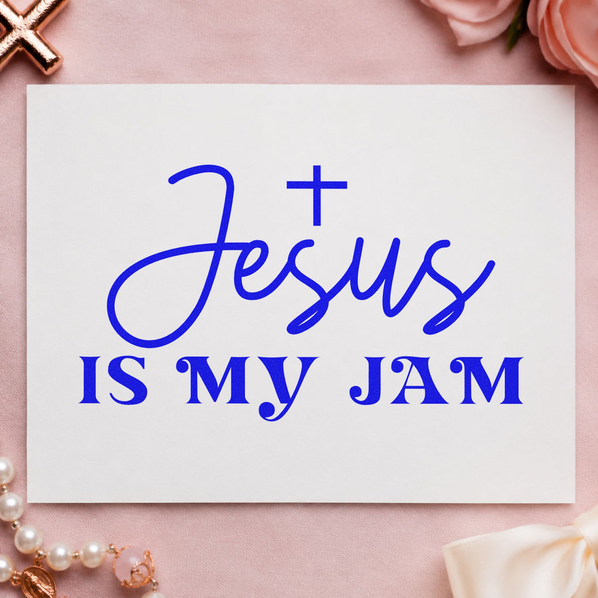 Jesus Is My Jam craft stamp in blue ink on cardstock, an easy option for youth tees.