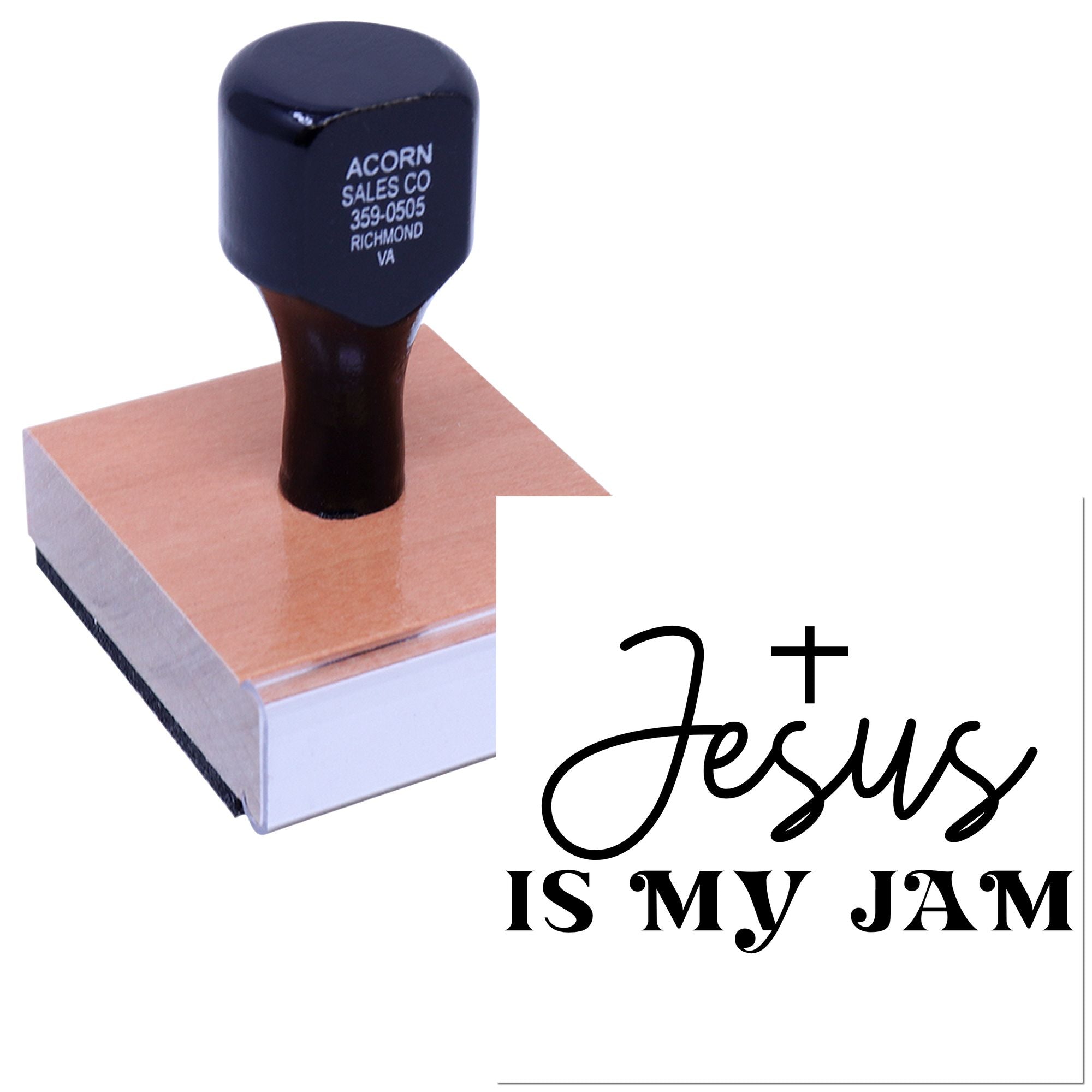Custom rubber stamp with Jesus Is My Jam design for Christian crafts, handmade cards, and faith-based packaging.