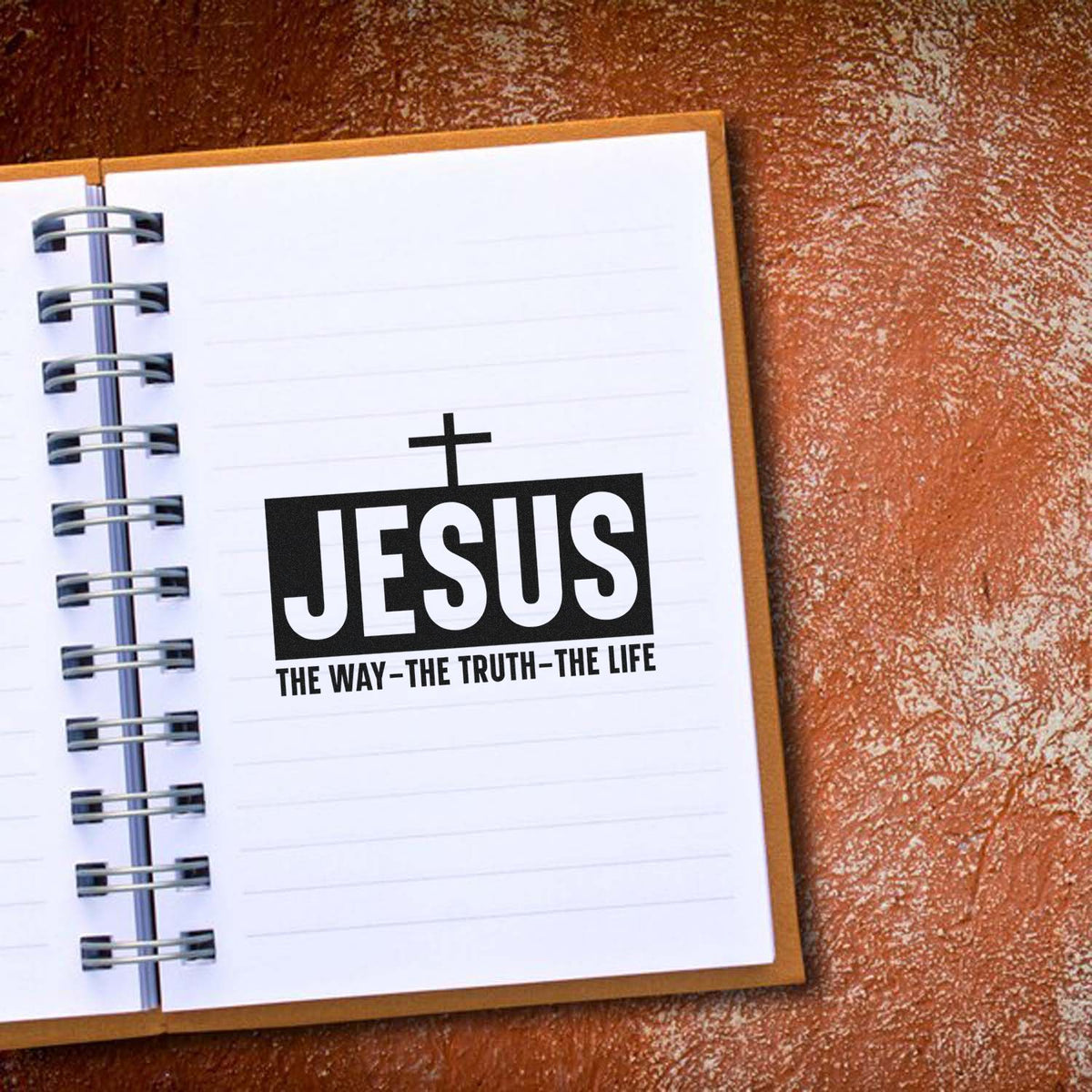 Christian Jesus rubber stamp design with cross and The Way, the Truth, the Life quote on notebook paper.