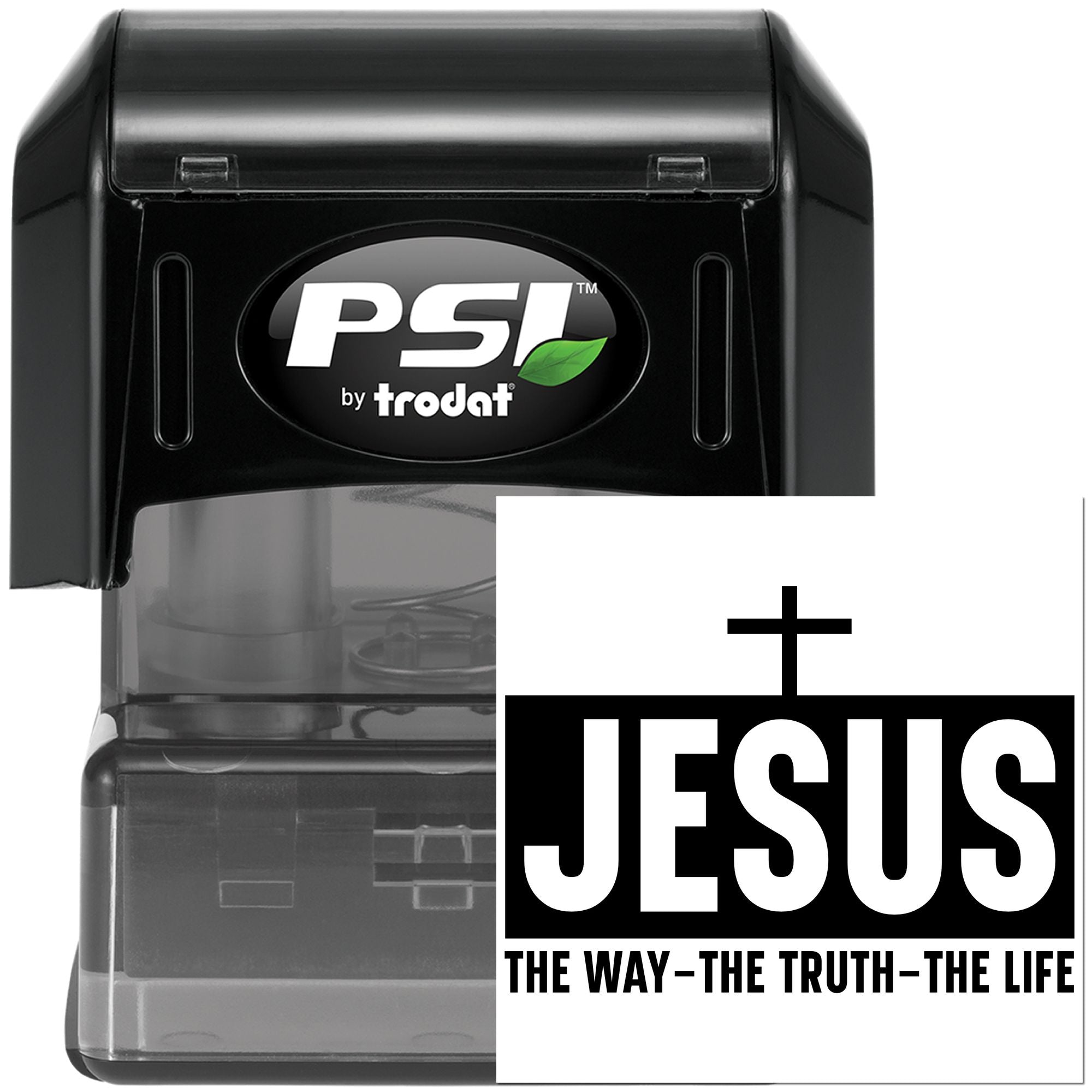 Custom self-inking PSI by Trodat rubber stamp with Jesus: The Way, The Truth, The Life religious message.