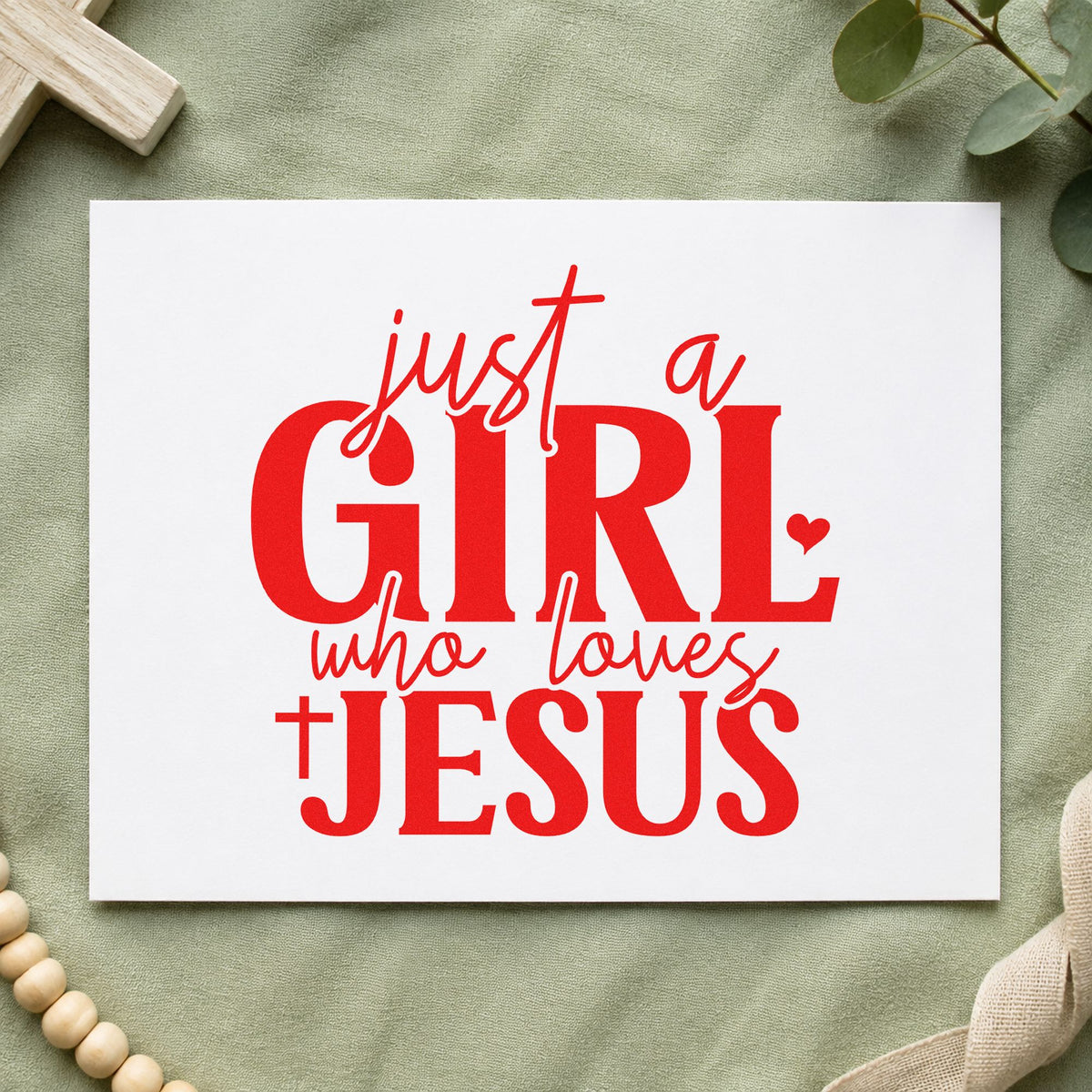 Just a Girl Who Loves Jesus rubber stamp shown in red ink, stamped for projects such as sleepover favor tags.