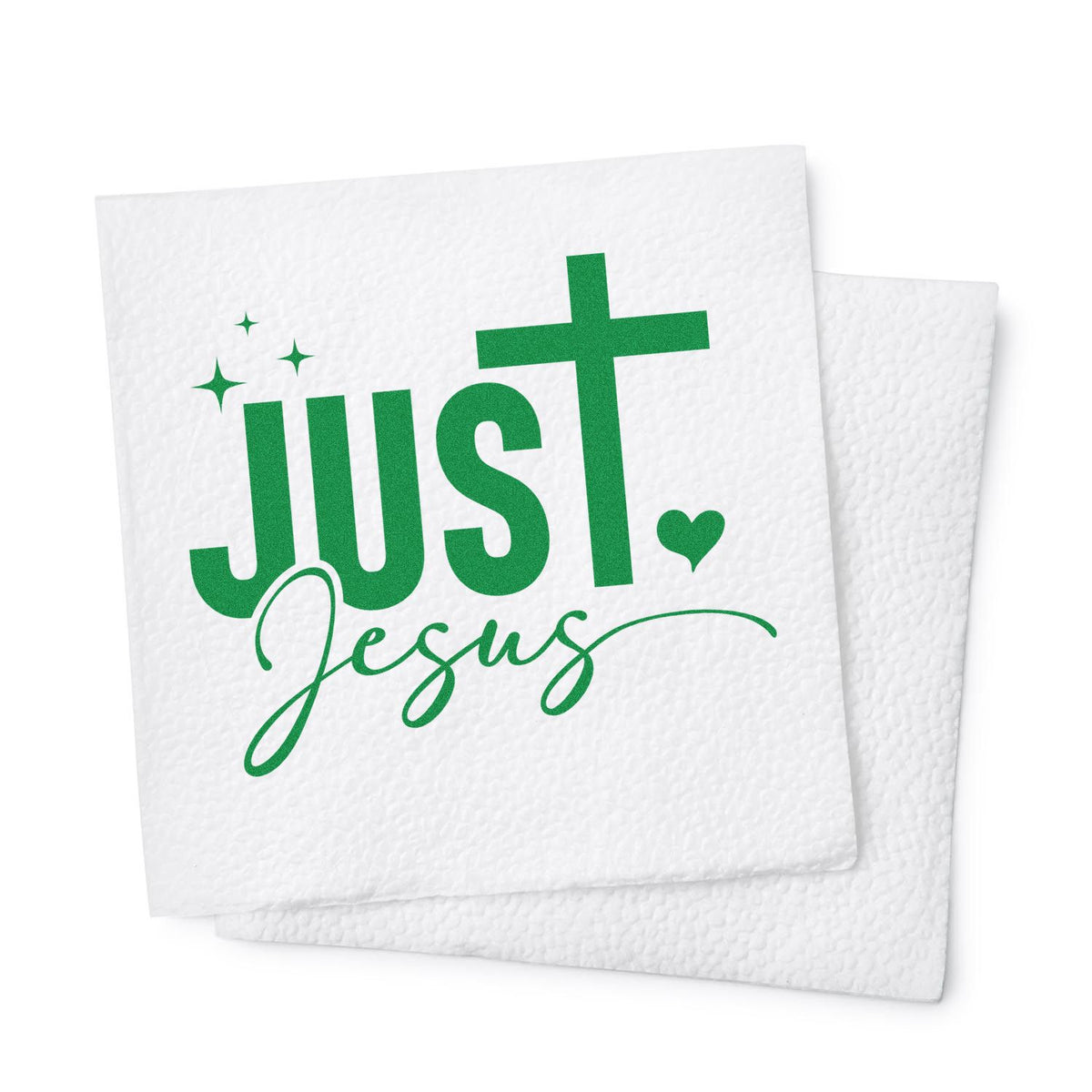 Just Jesus rubber stamp design in green, perfect for Christian crafts, church stationery, and faith-based packaging.
