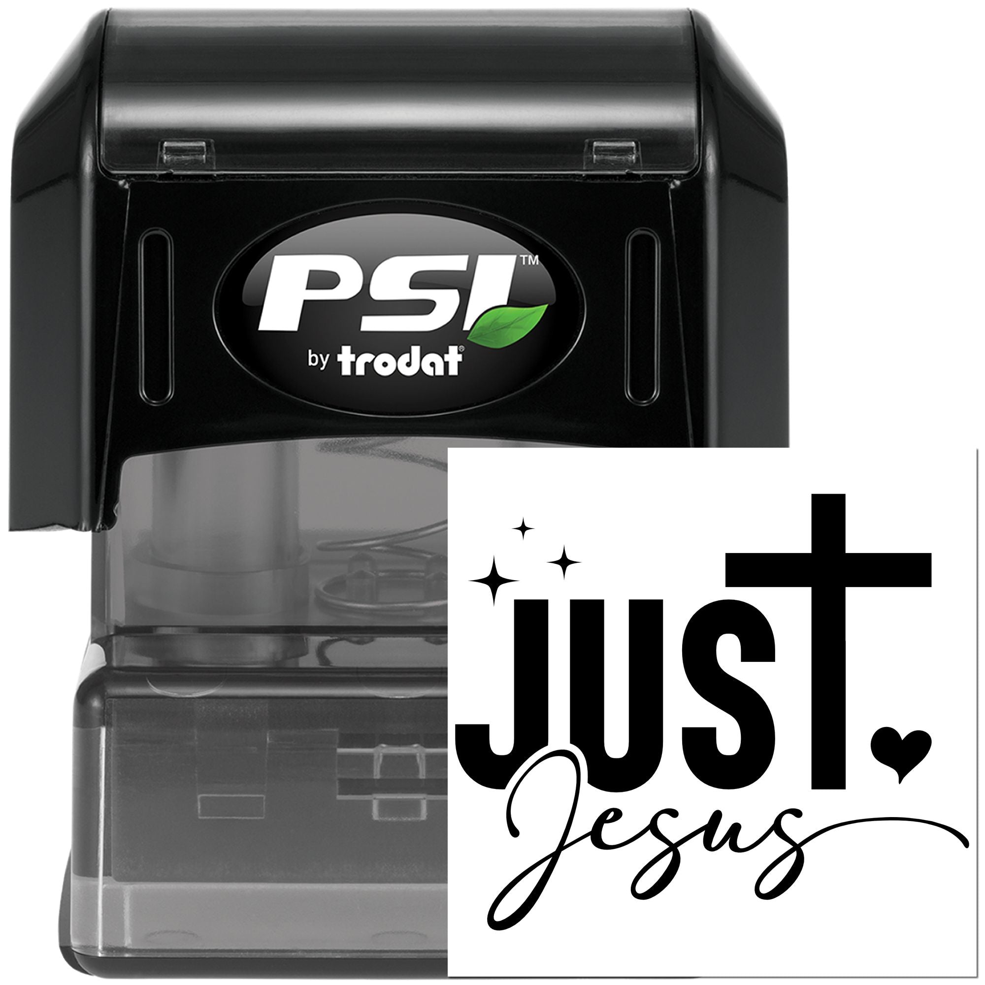 PSI by Trodat self-inking rubber stamp featuring a Just Jesus Christian design for faith-based crafting.