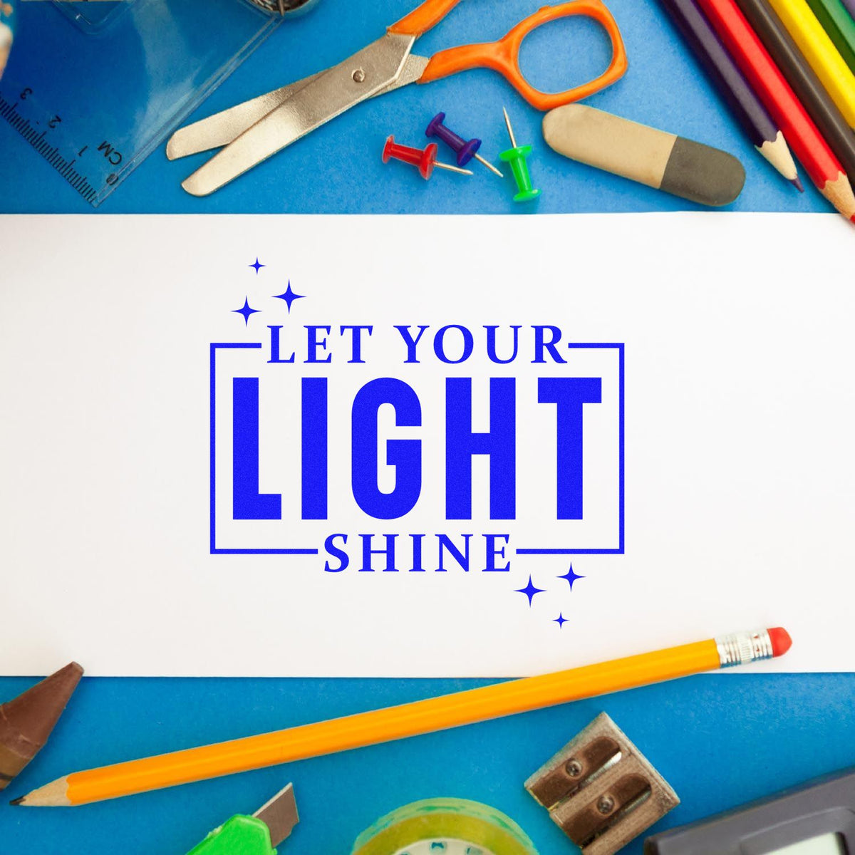 Inspirational rubber stamp design with Let Your Light Shine for teachers, students, and classroom crafts.
