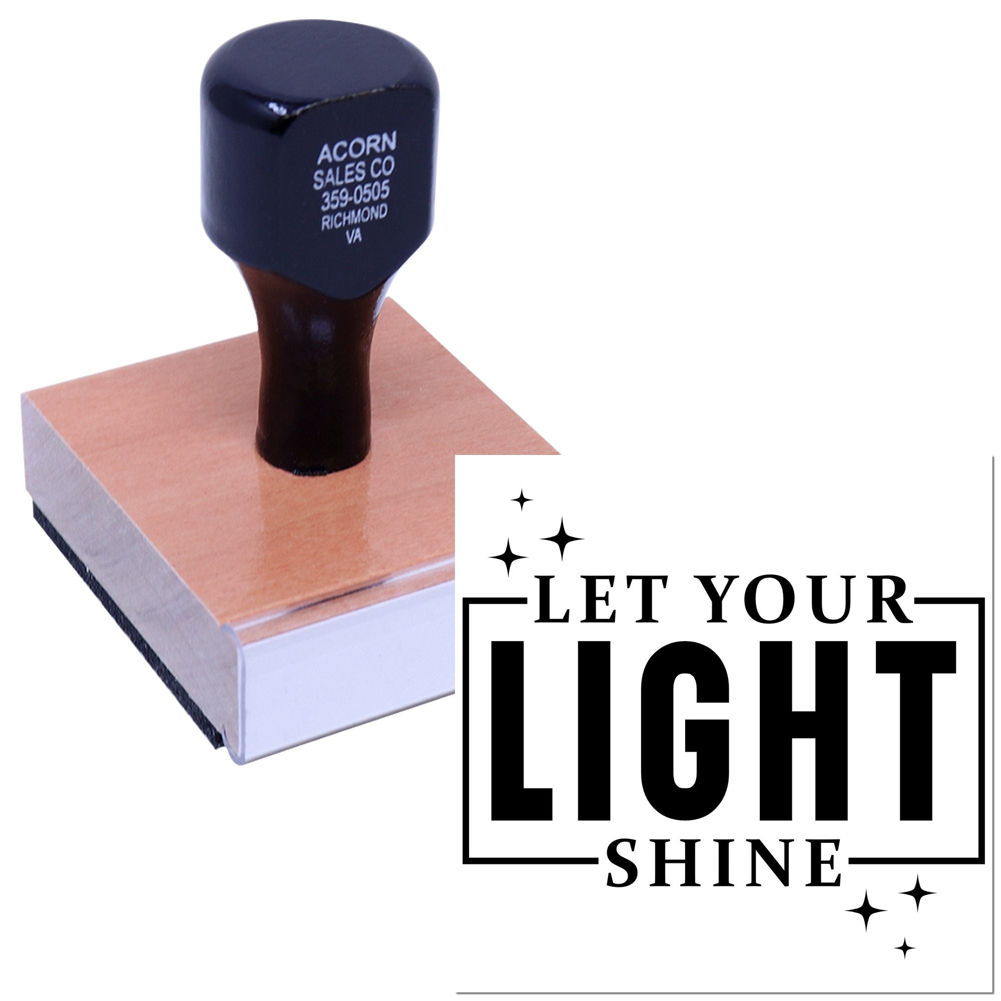 Custom rubber stamp for business branding, shown with personalized imprint and Let Your Light Shine design.