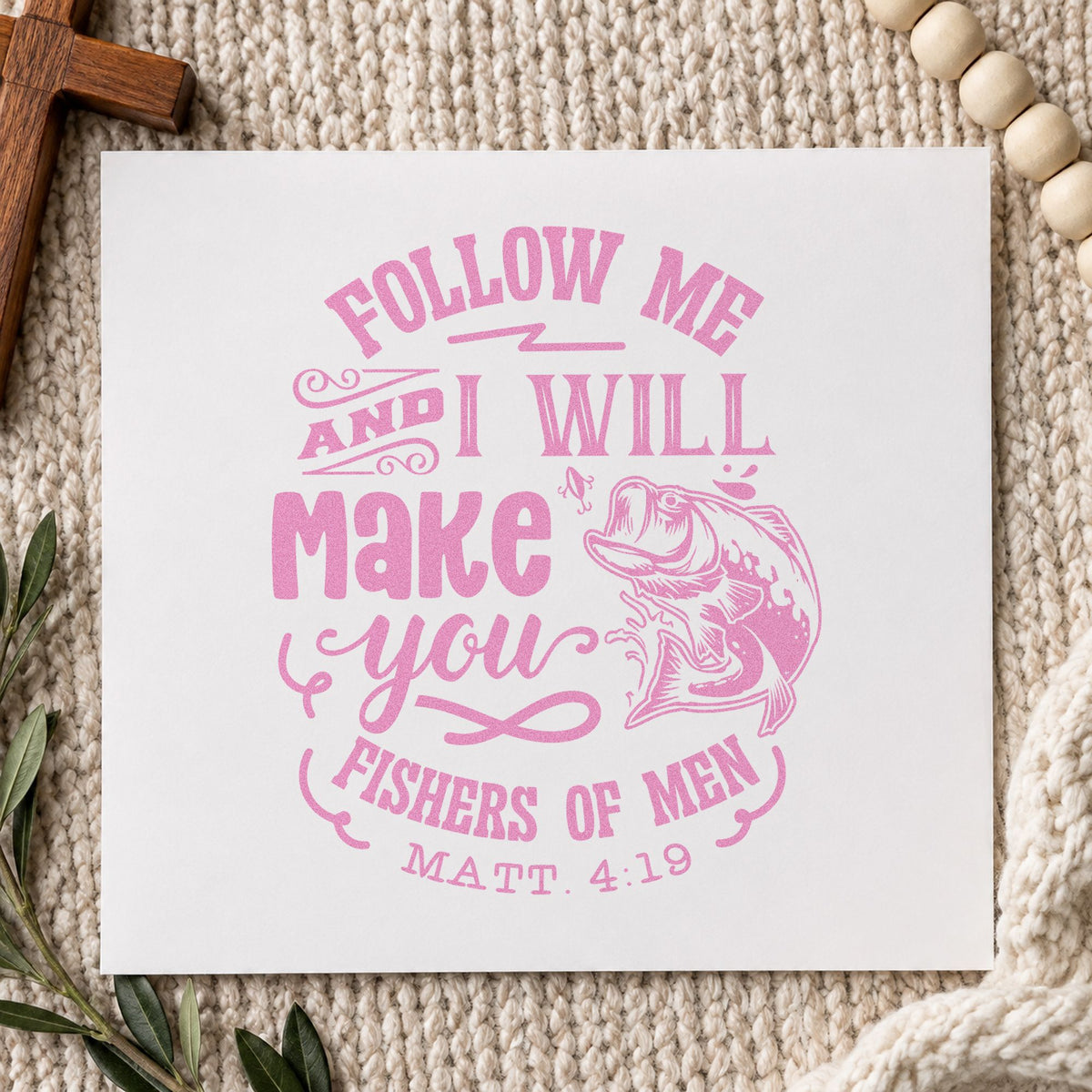 Follow Me Fishers of Men craft stamp in purple ink on cardstock, an easy option for bait shop bags.