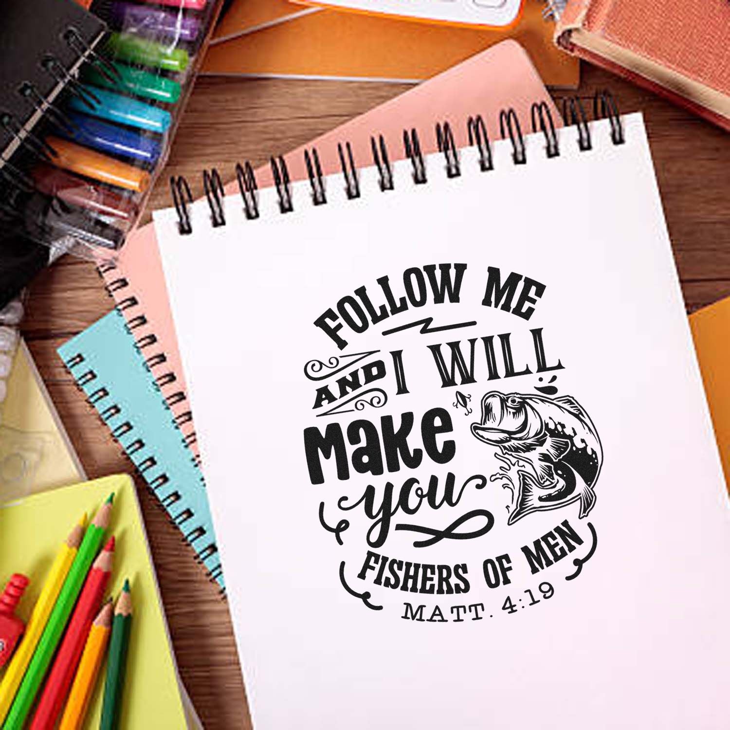 Christian rubber stamp design with fish and Matthew 4:19 verse for faith-based journaling, scrapbooking, and Bible crafts.