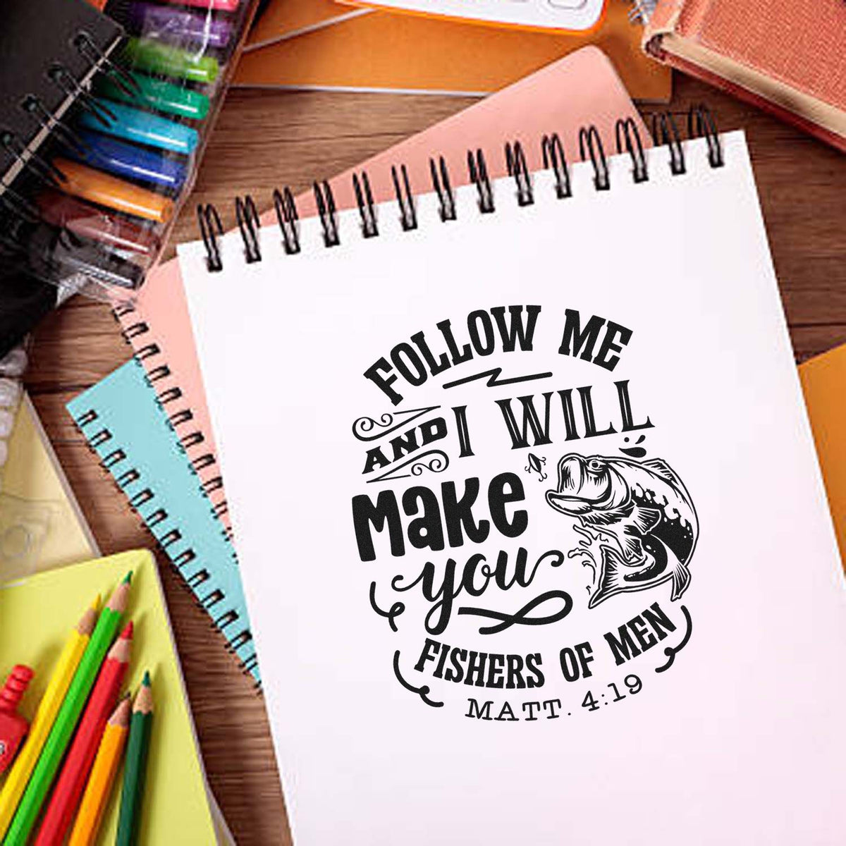 Follow Me Fishers Of Men PSI Pre-Inked Stamp imprint stamped in black ink. A leaping fish accompanies stacked "Follow me and I will make you fishers of men" lettering and Matthew 4:19.