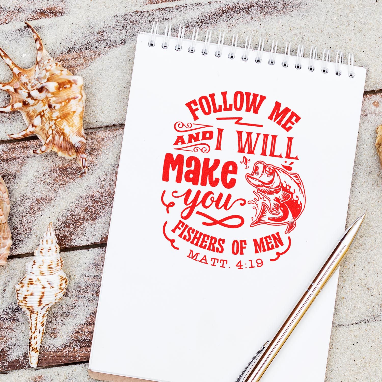 Fishing Bible verse rubber stamp design reading Follow Me and I Will Make You Fishers of Men with Matthew 4:19.