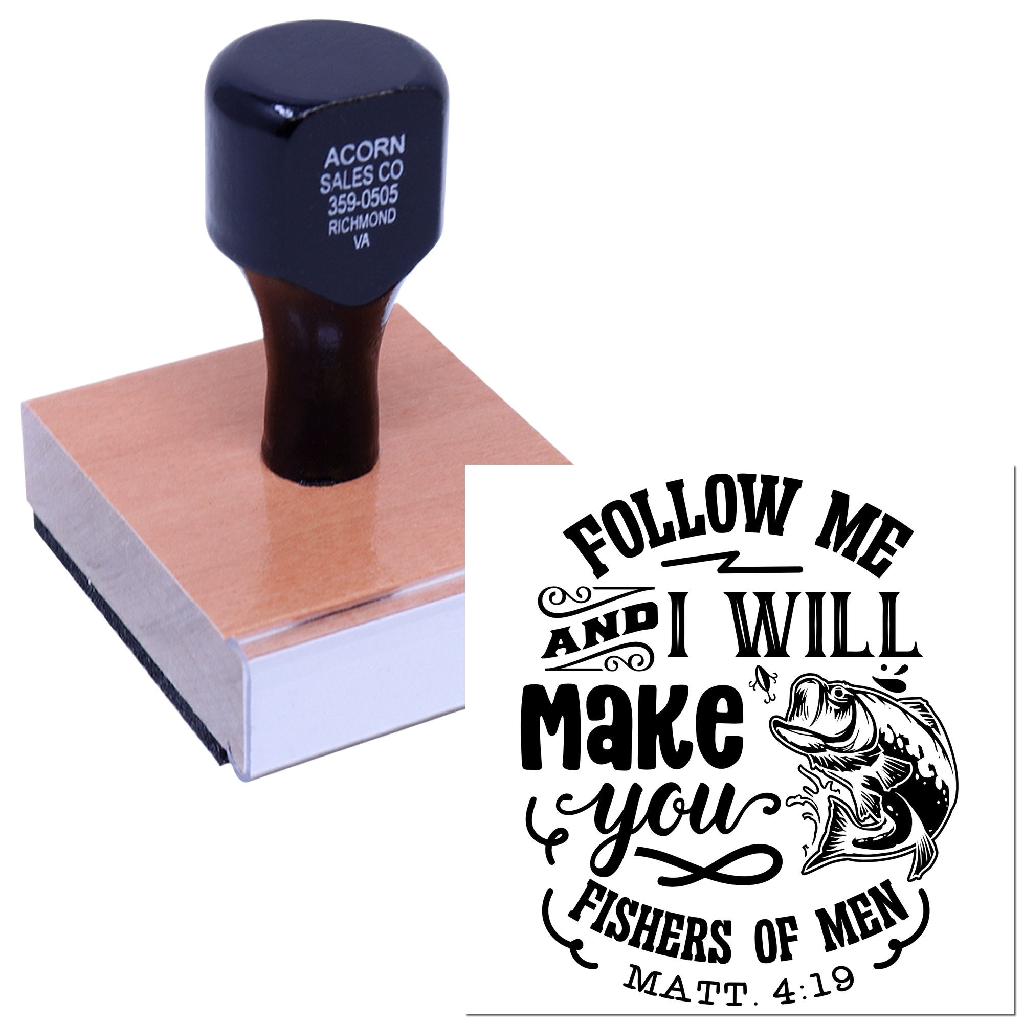 Custom rubber stamp with Christian scripture design, Follow me and I will make you fishers of men with fish illustration, Matthew 4:19.