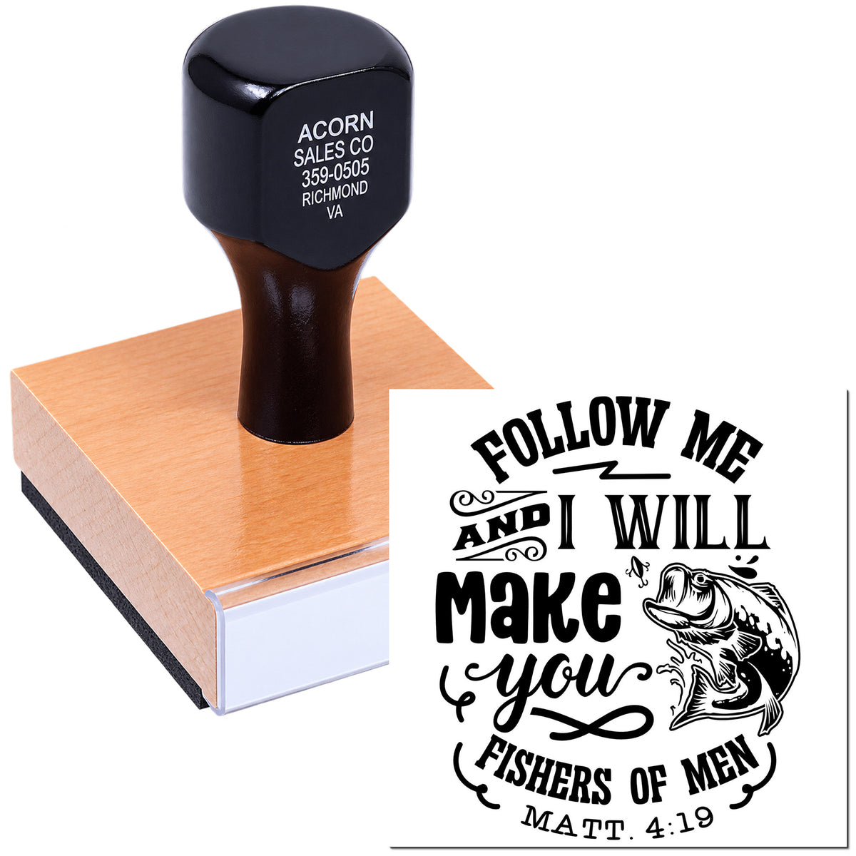 Custom rubber stamp with Christian scripture design, Follow me and I will make you fishers of men with fish illustration, Matthew 4:19.