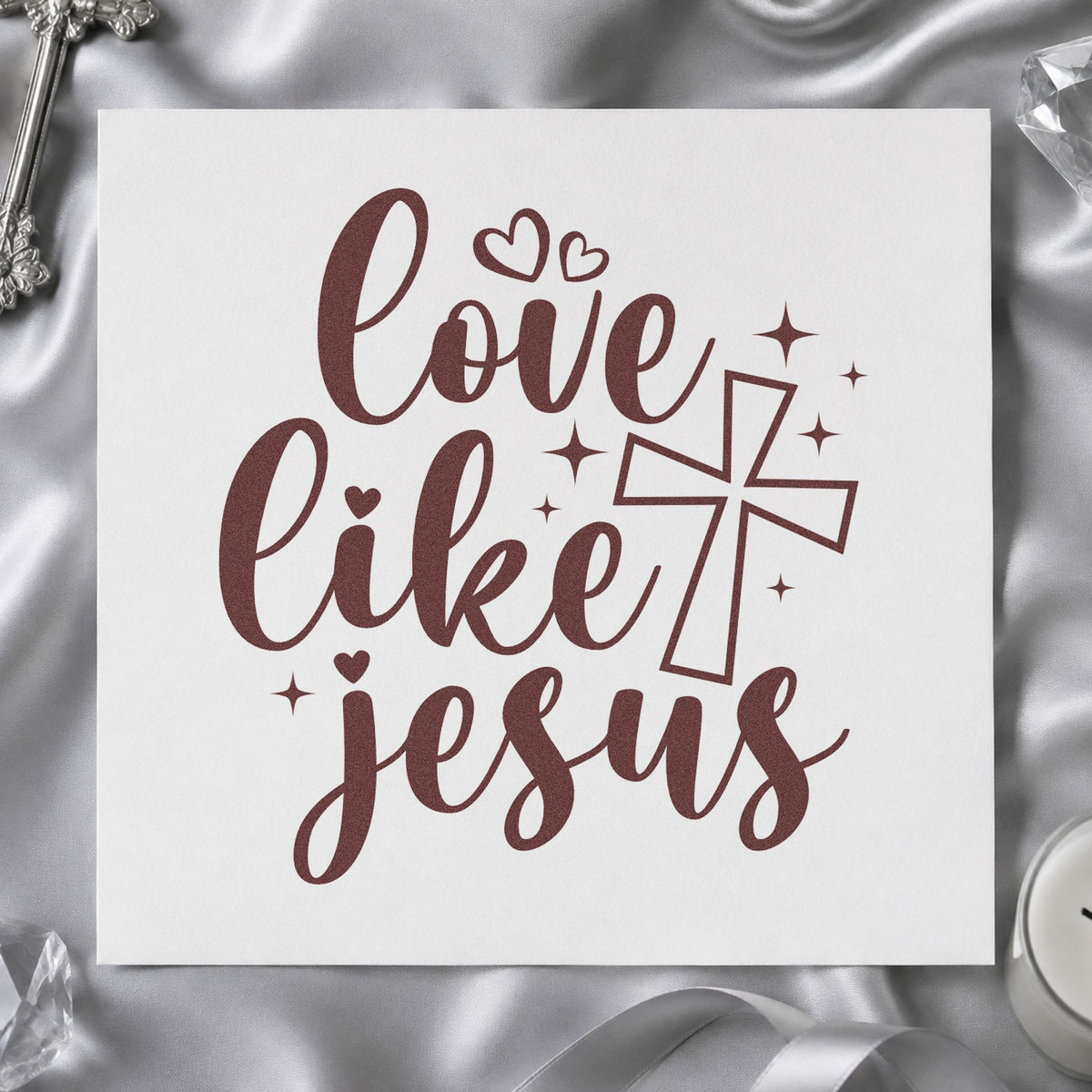 Love Like Jesus rubber stamp printed in brown ink, ready for service day pages and similar paper crafts.