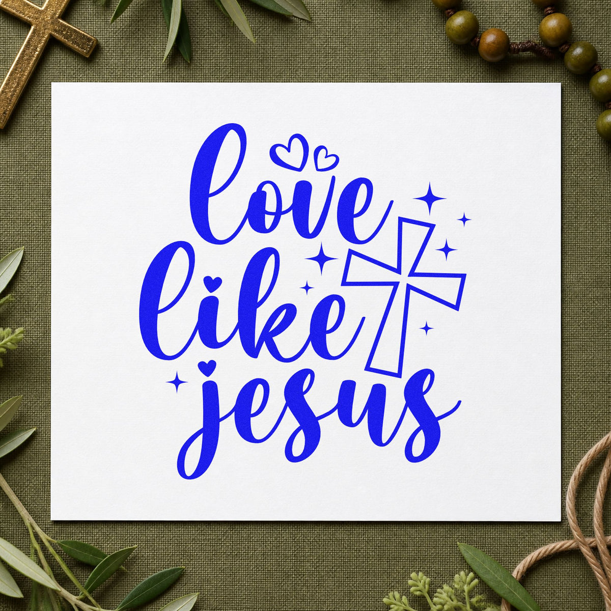 Love Like Jesus craft stamp in blue ink on cardstock, an easy option for canvas totes.