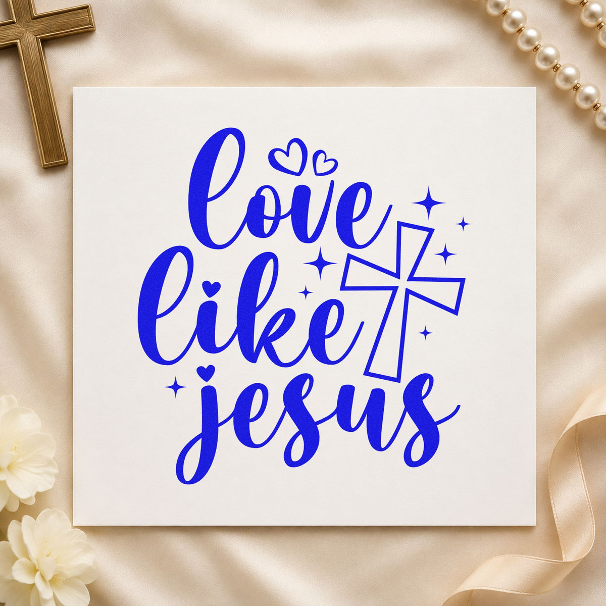 Love Like Jesus craft stamp imprinted in blue ink on paper, a design suited to food pantry bags.