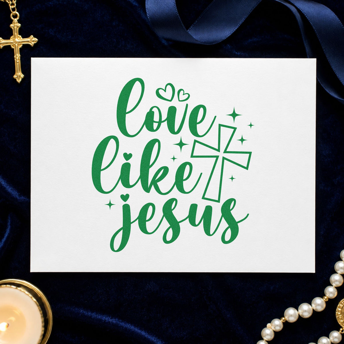 Love Like Jesus craft stamp imprint in green ink on a handmade project, one idea being kids' room art.