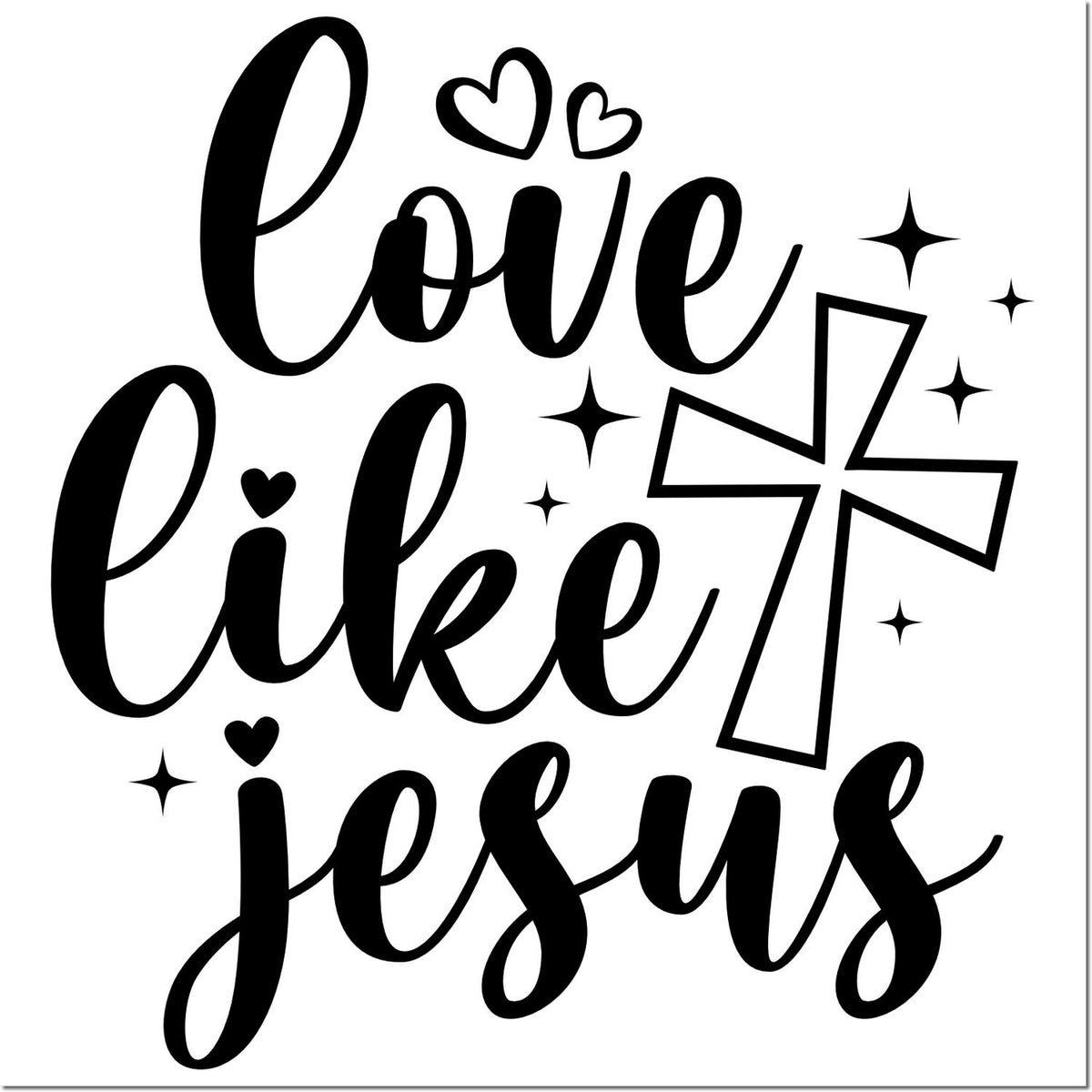 Love Like Jesus Christian rubber stamp design with hearts, sparkles, and cross for faith-based crafts.