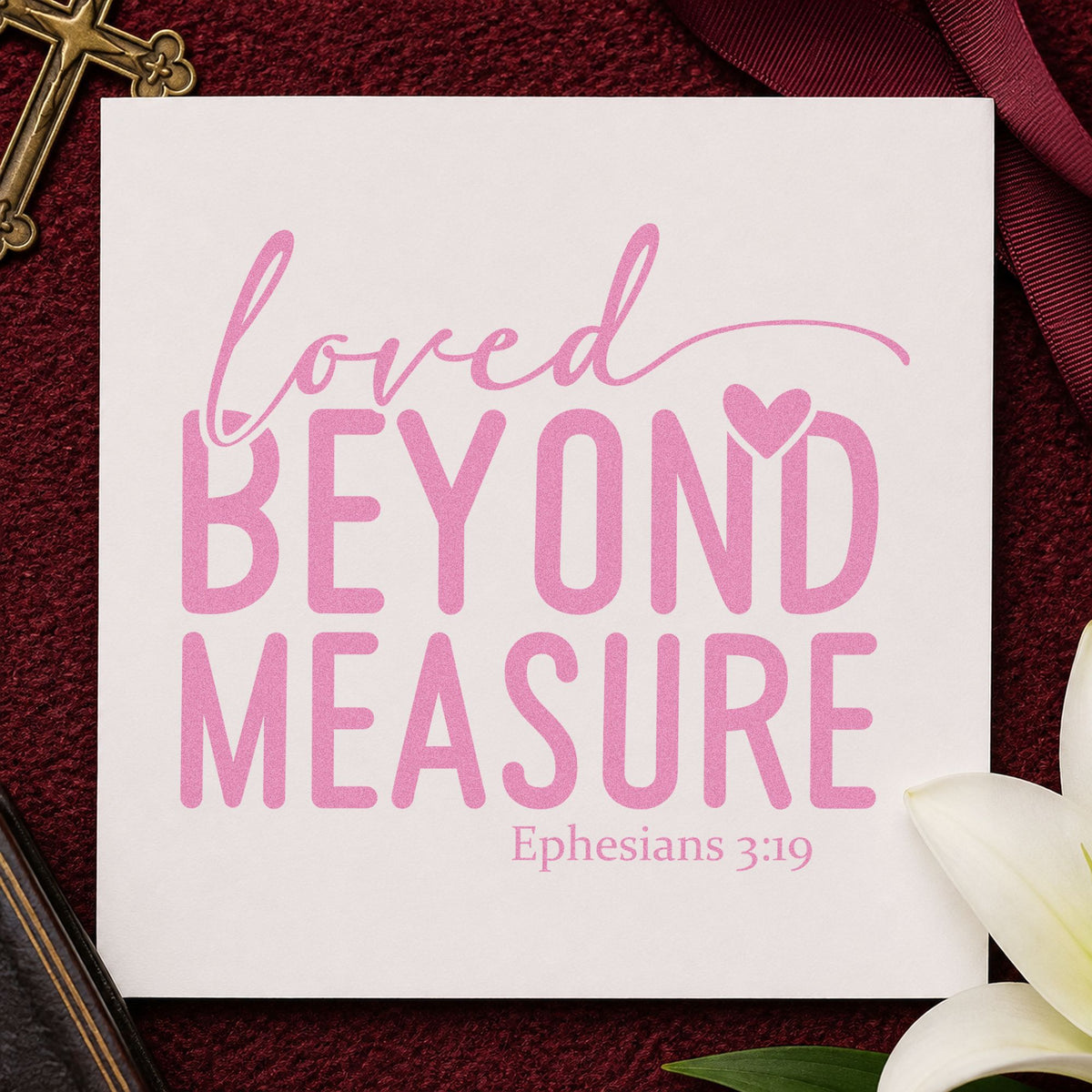 Loved Beyond Measure craft stamp in purple ink on cardstock, an easy option for growth chart crafts.